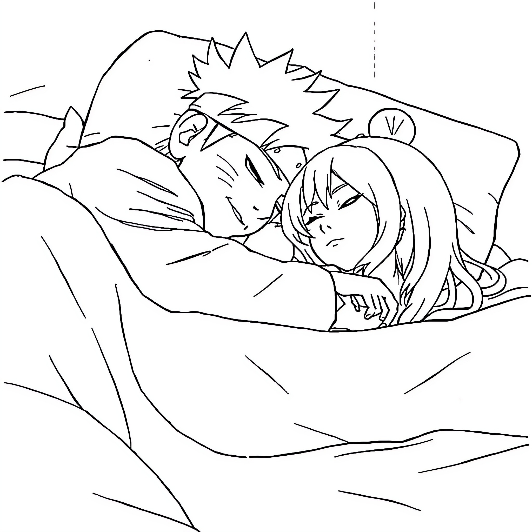 Naruto and Sakura resting together Coloring Page (free black-and-white line drawing printable PDF for all, from beginners to advanced learners, including children, teens, adults, and seniors)