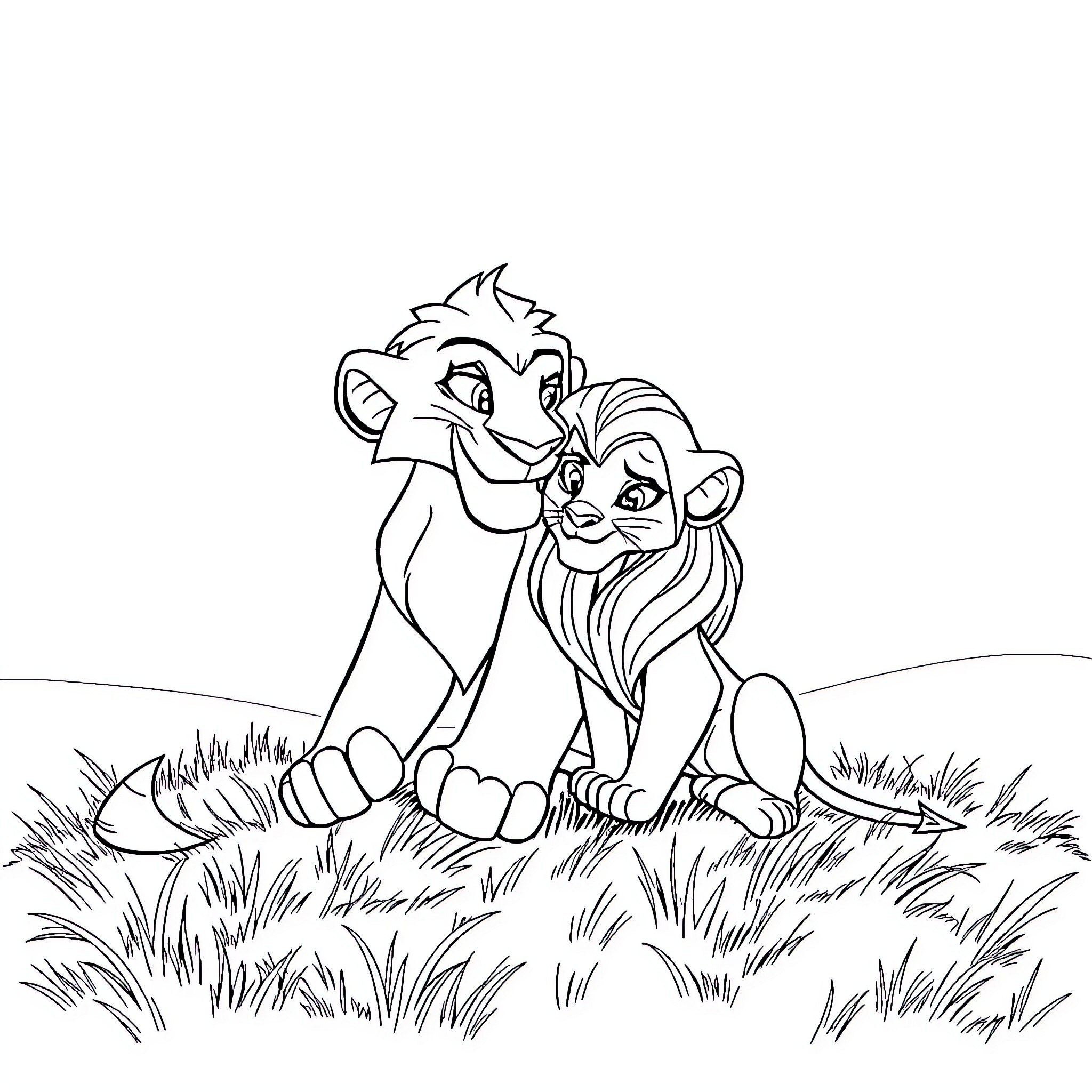 Scar and Nala sharing a tender moment Coloring Page (free black-and-white line drawing printable PDF for all, from beginners to advanced learners, including children, teens, adults, and seniors)
