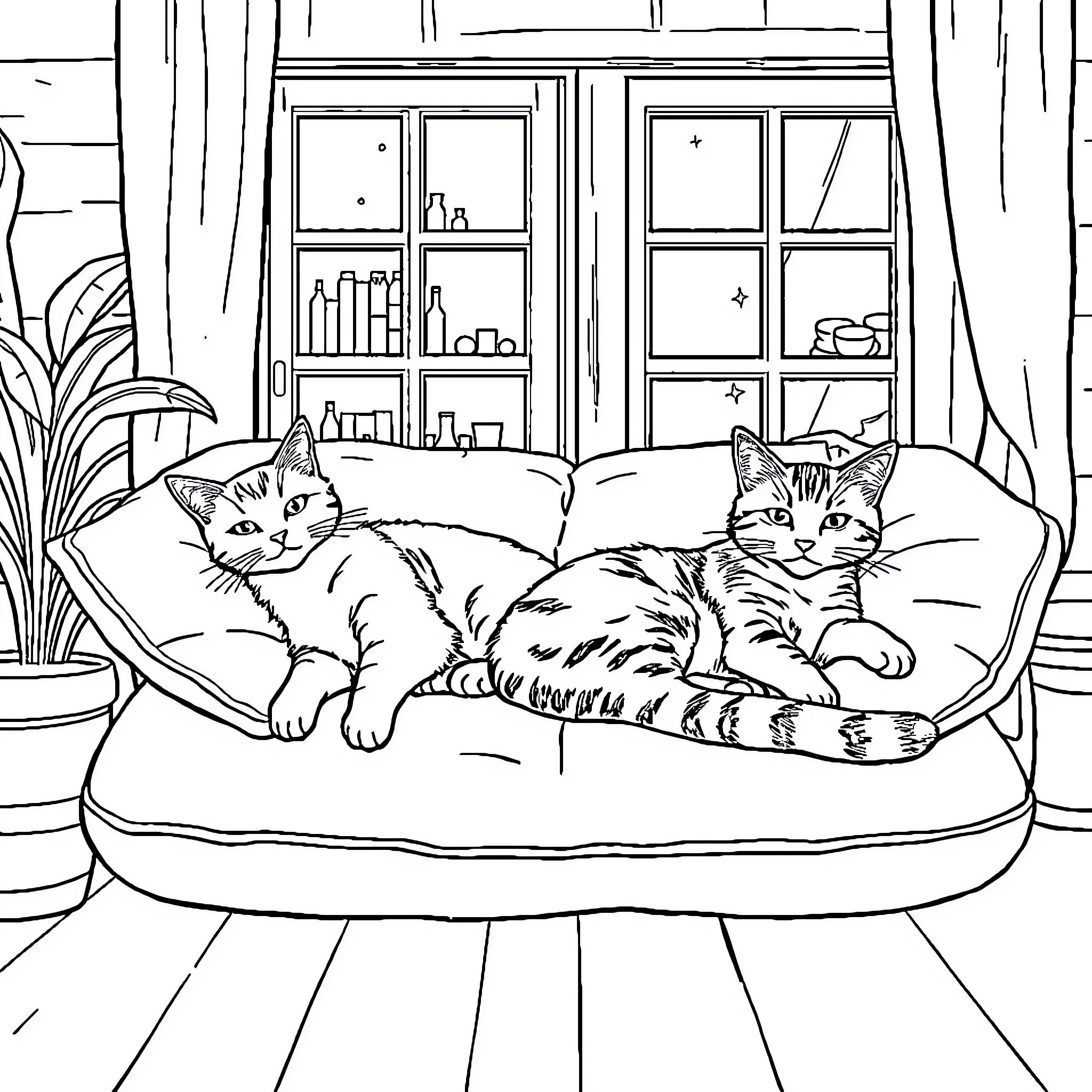 Cats resting comfortably on a cozy sofa Coloring Page (free black-and-white line drawing printable PDF for all, from beginners to advanced learners, including children, teens, adults, and seniors)