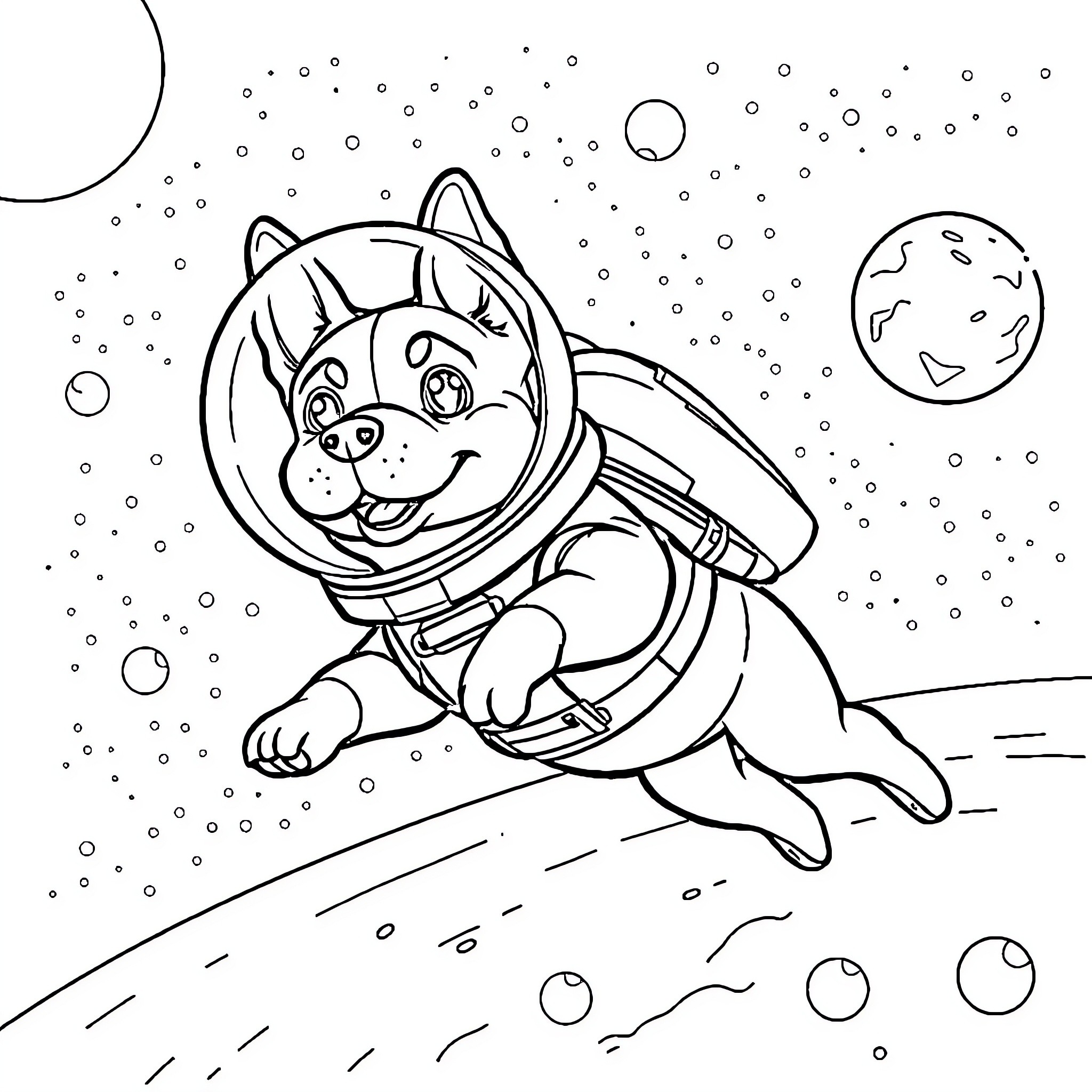 Dog in space suit exploring outer space Coloring Page (free black-and-white line drawing printable PDF for all, from beginners to advanced learners, including children, teens, adults, and seniors)