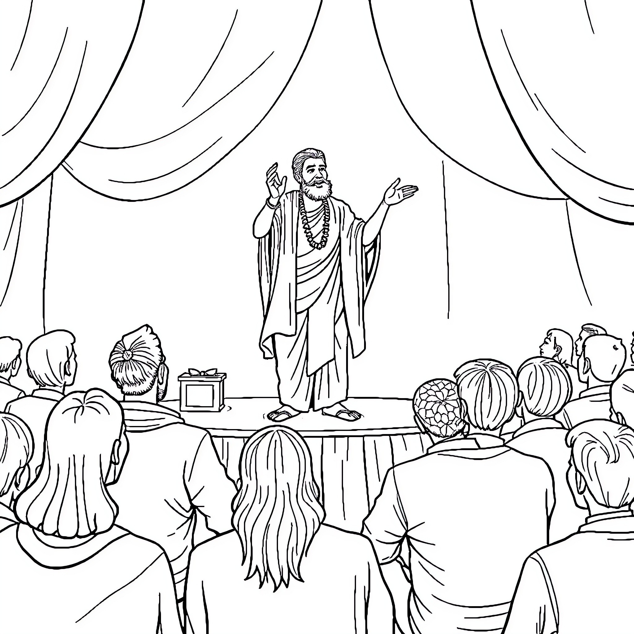 Sage teaching students in a classroom setting Coloring Page (free black-and-white line drawing printable PDF for all, from beginners to advanced learners, including children, teens, adults, and seniors)