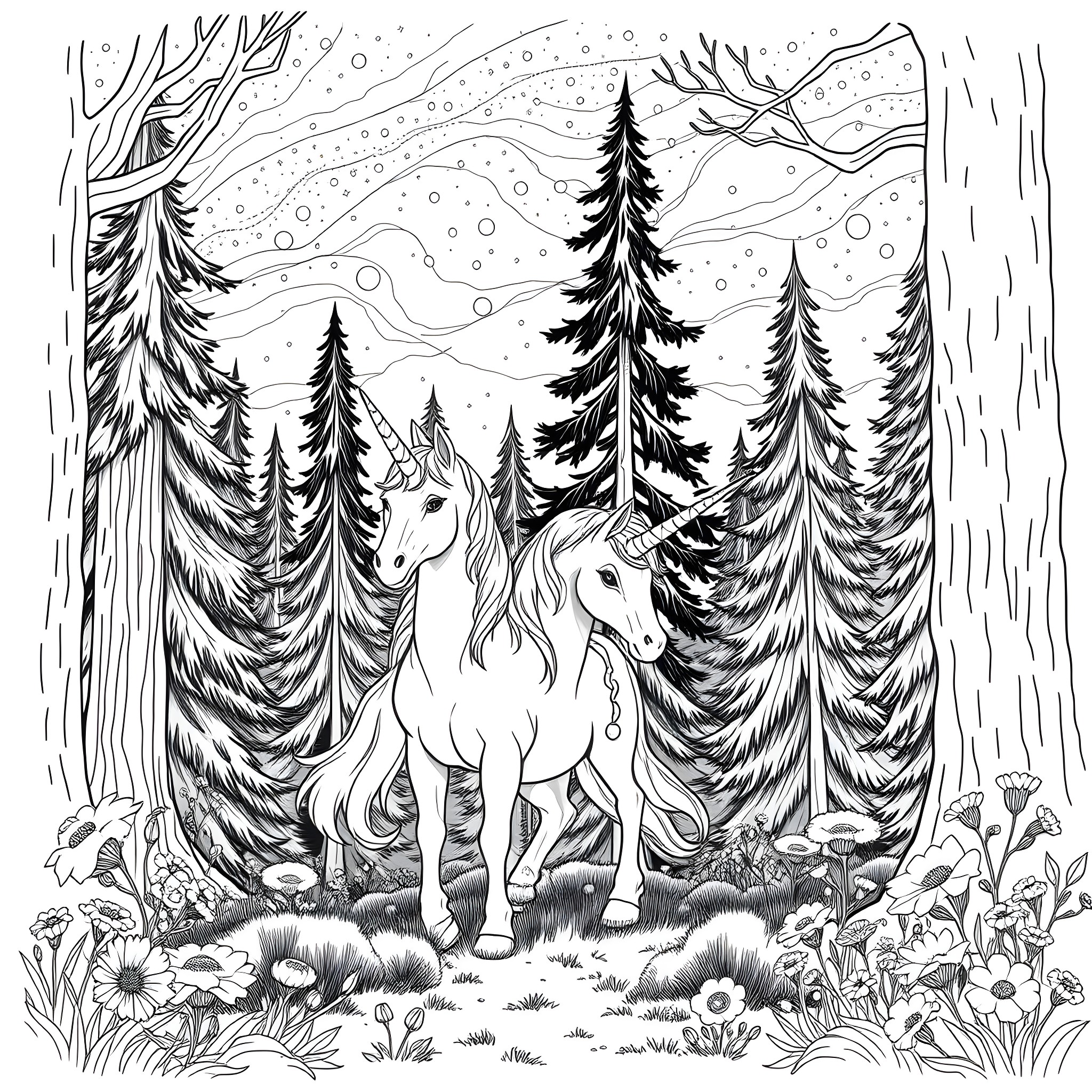 Unicorn wandering in a magical forest Coloring Page (free black-and-white line drawing printable PDF for all, from beginners to advanced learners, including children, teens, adults, and seniors)