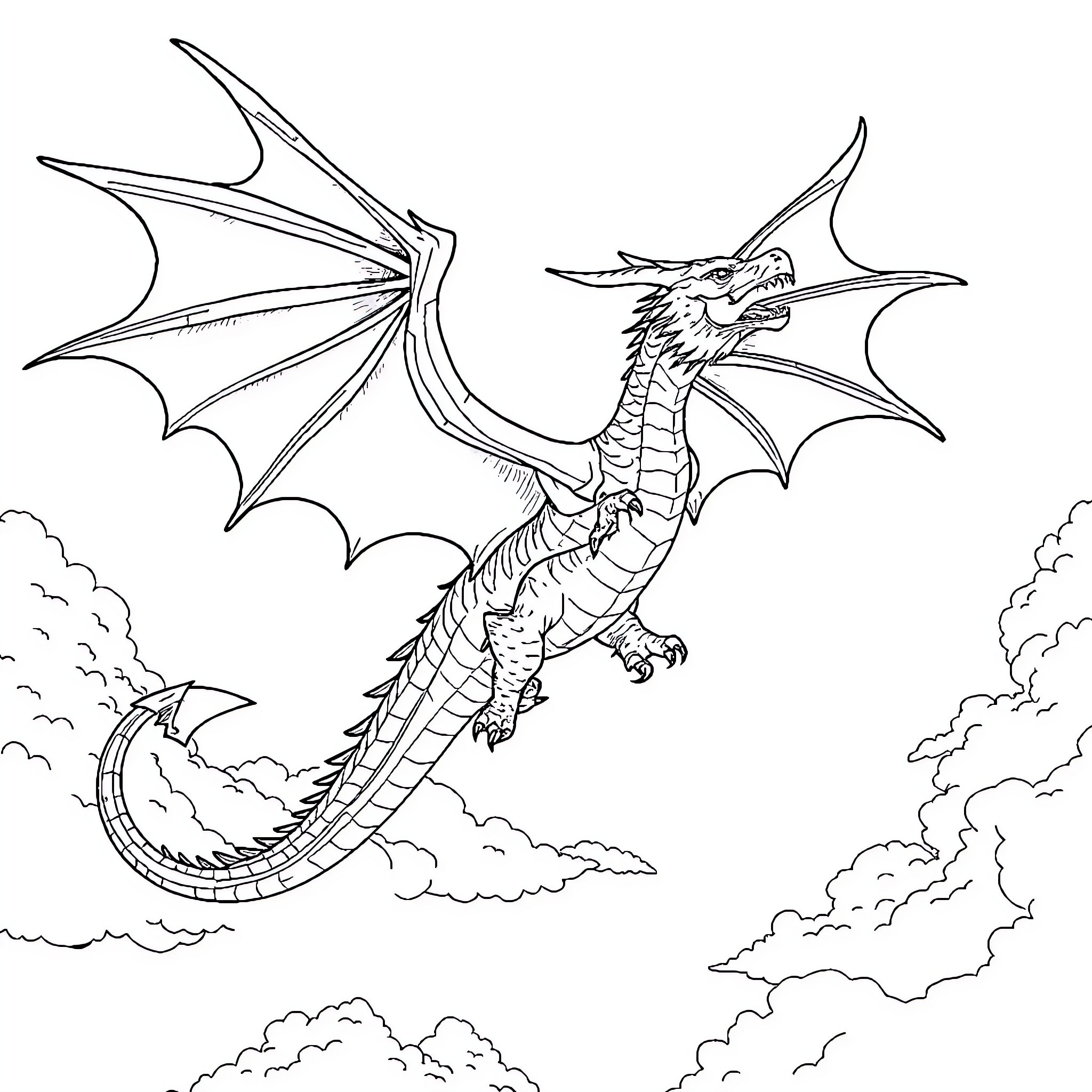 Dragon in Majestic Flight Over Clouds Coloring Page (free black-and-white line drawing printable PDF for all, from beginners to advanced learners, including children, teens, adults, and seniors)