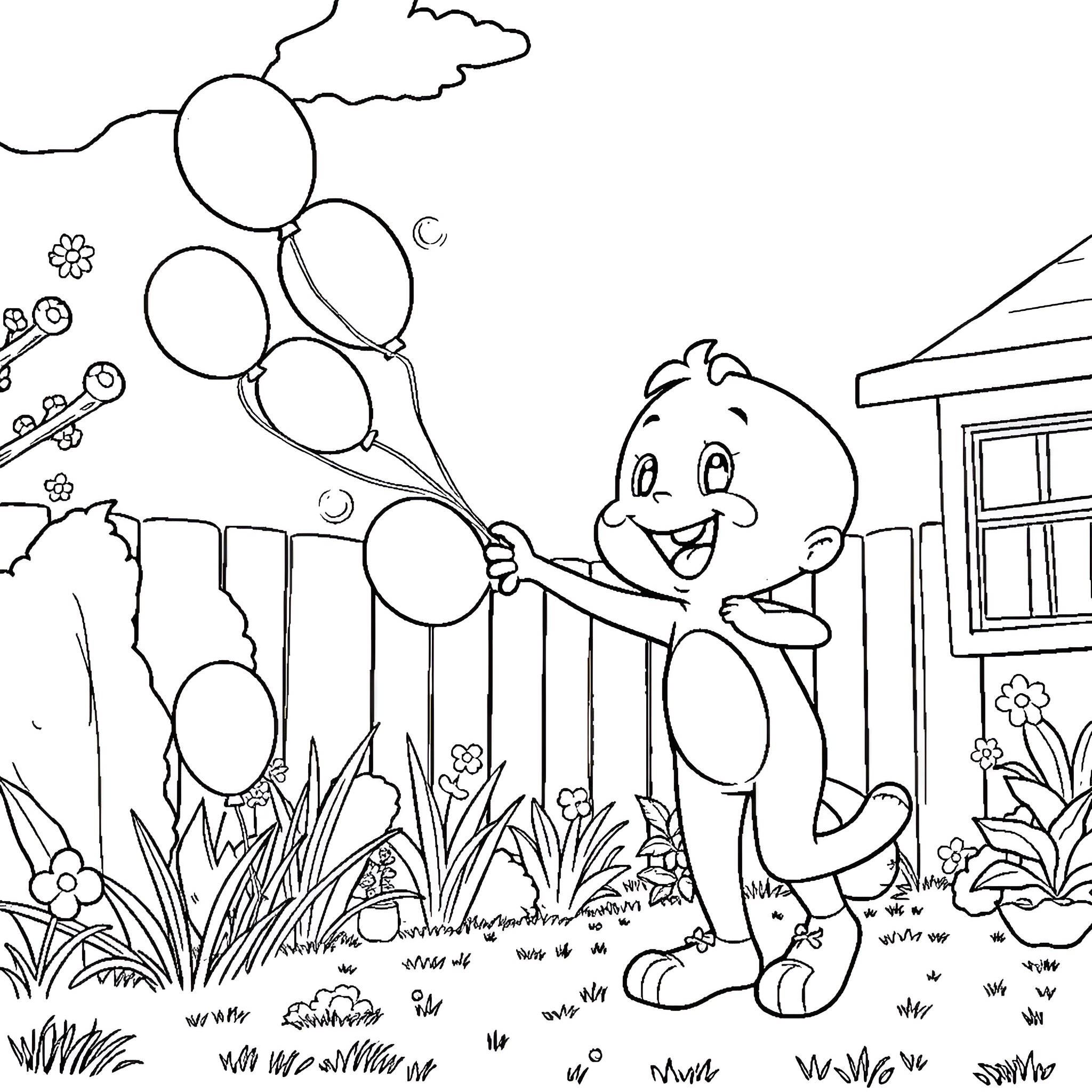 Bluey playing with balloons in the garden Coloring Page (free black-and-white line drawing printable PDF for all, from beginners to advanced learners, including children, teens, adults, and seniors)