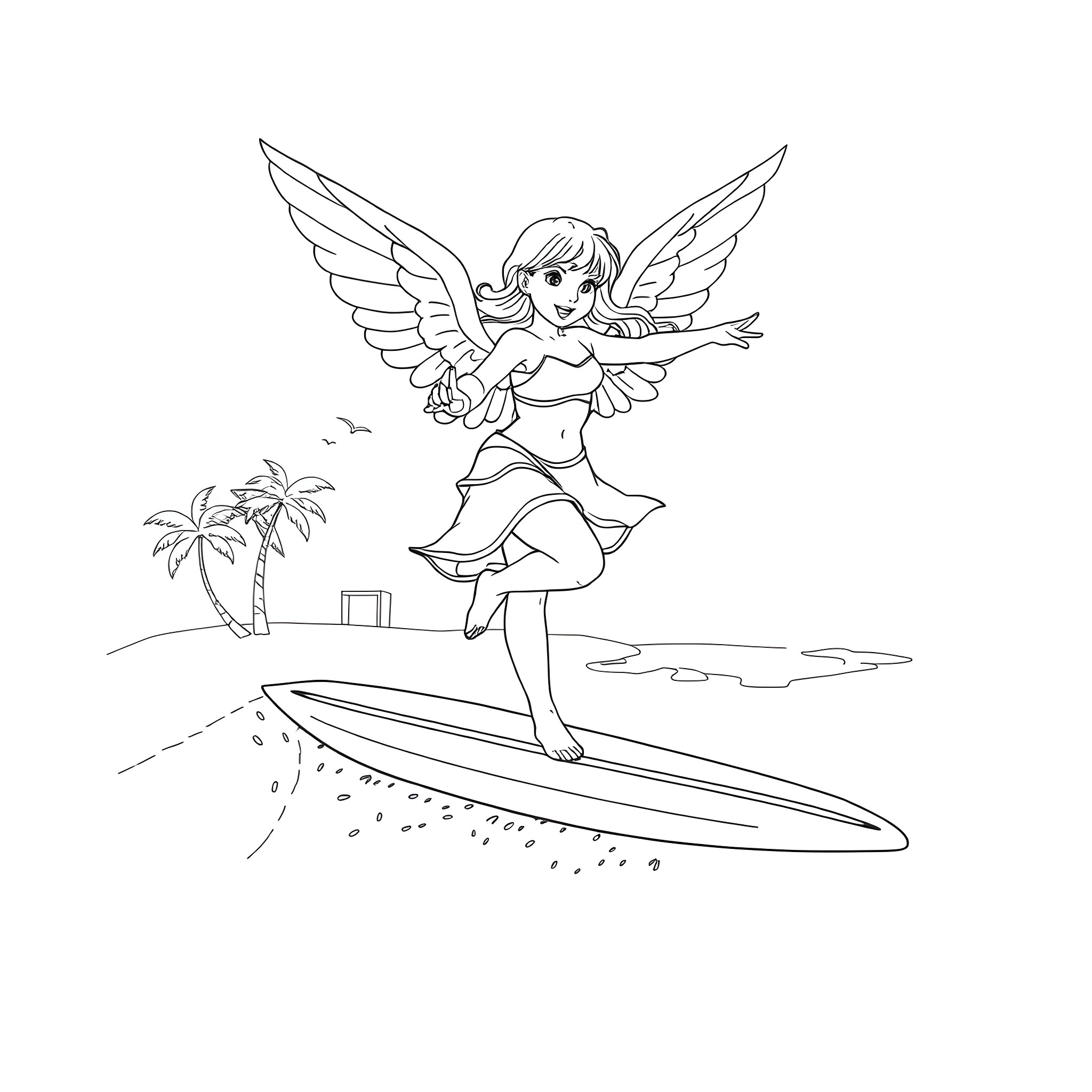 Angel surfer enjoying a tropical beach Coloring Page (free black-and-white line drawing printable PDF for all, from beginners to advanced learners, including children, teens, adults, and seniors)