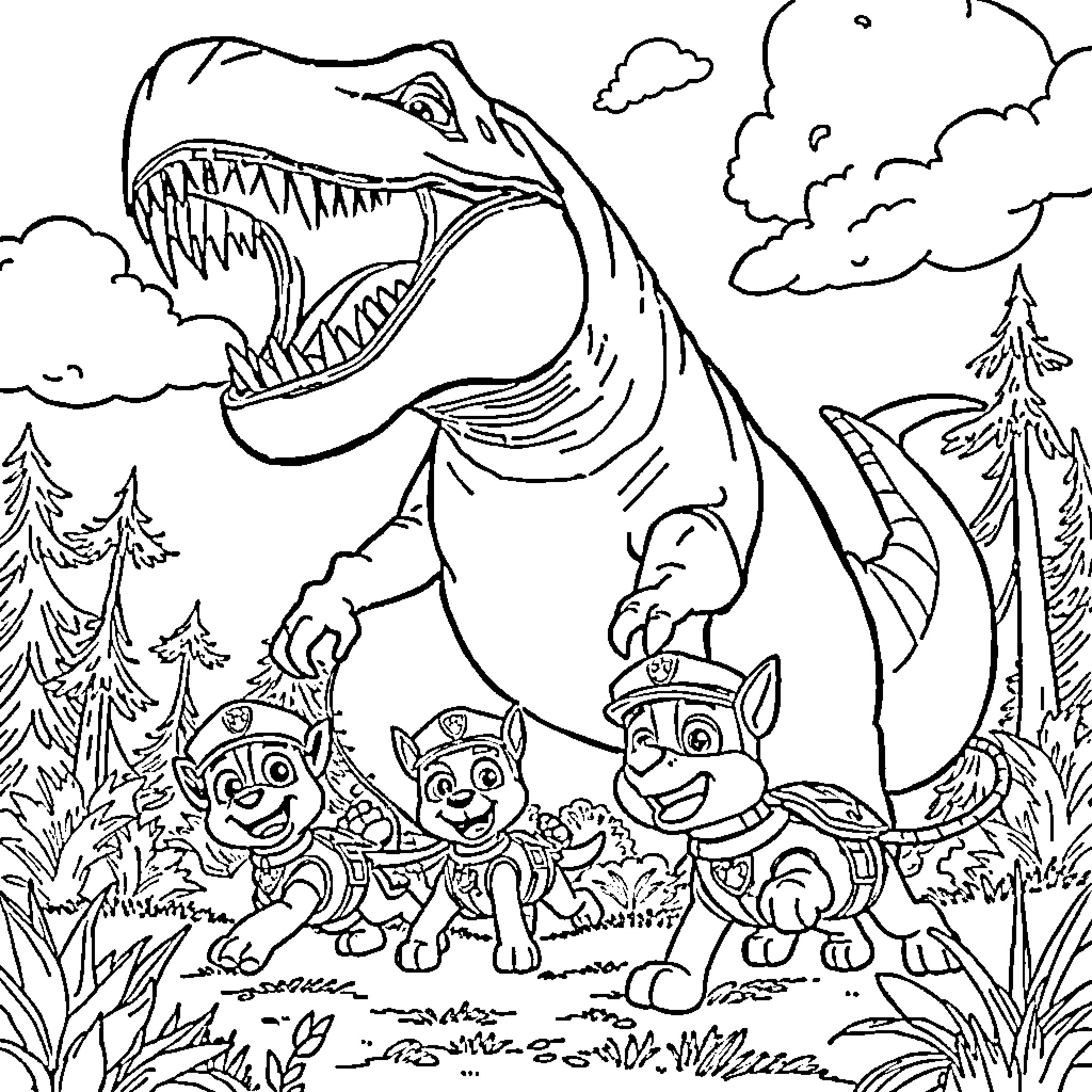 Dinosaur chasing group of dogs in the woods Coloring Page (free black-and-white line drawing printable PDF for all, from beginners to advanced learners, including children, teens, adults, and seniors)