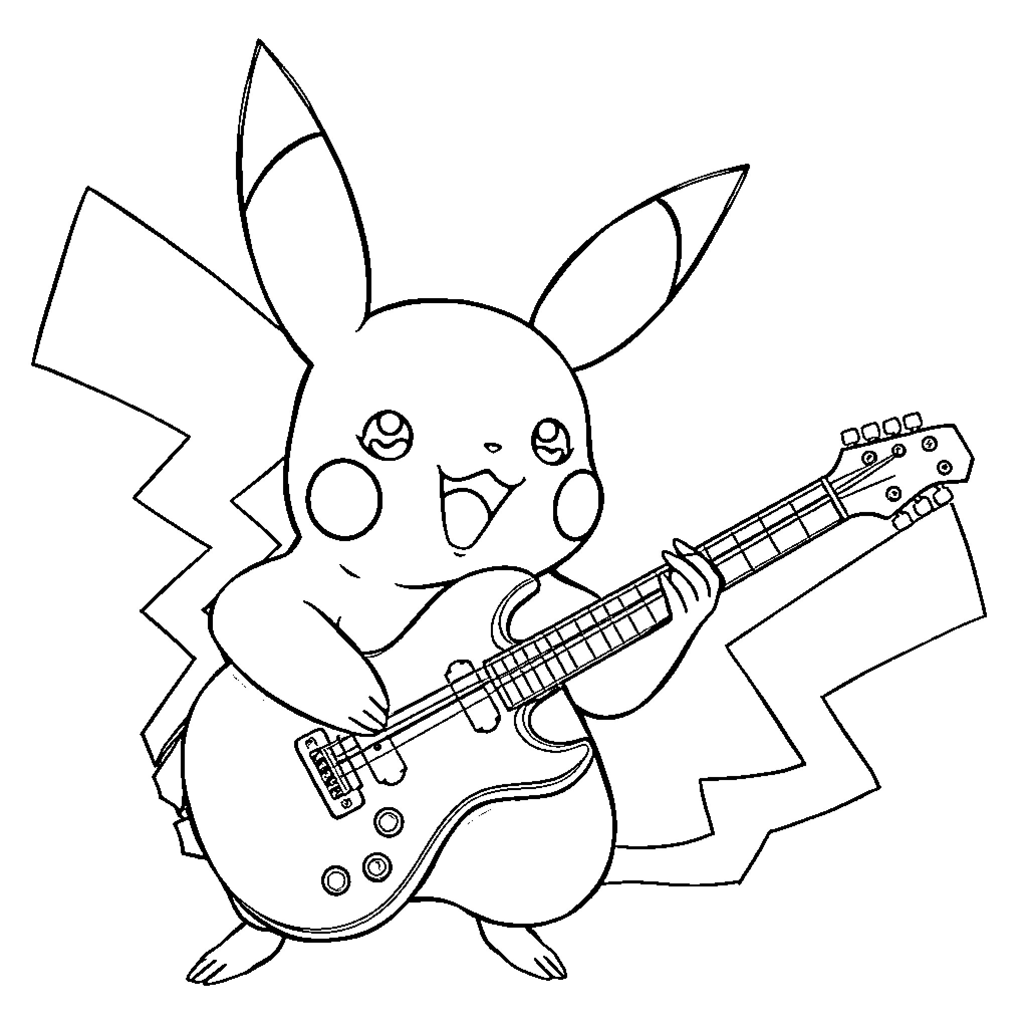 Pikachu Playing a Guitar Coloring Page (free black-and-white line drawing printable PDF for all, from beginners to advanced learners, including children, teens, adults, and seniors)