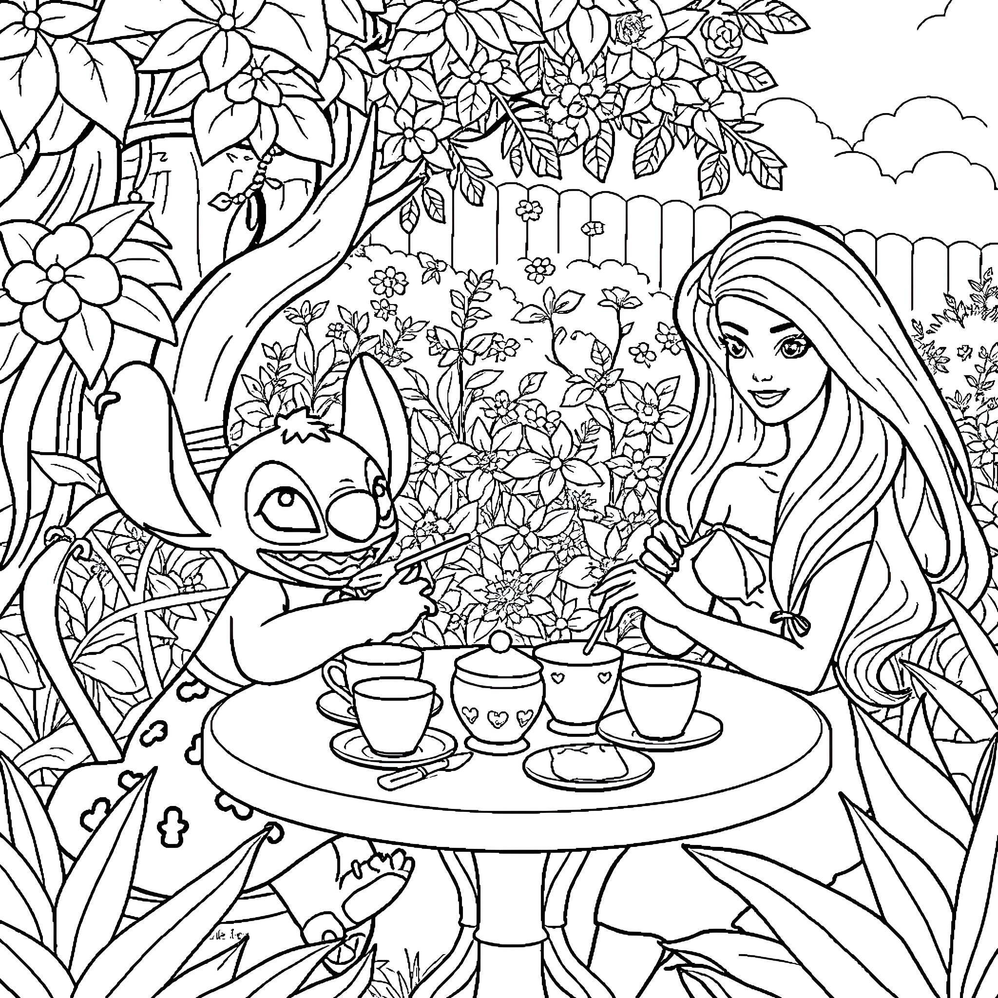Barbie enjoying tea party with Stitch in garden Coloring Page (free black-and-white line drawing printable PDF for all, from beginners to advanced learners, including children, teens, adults, and seniors)