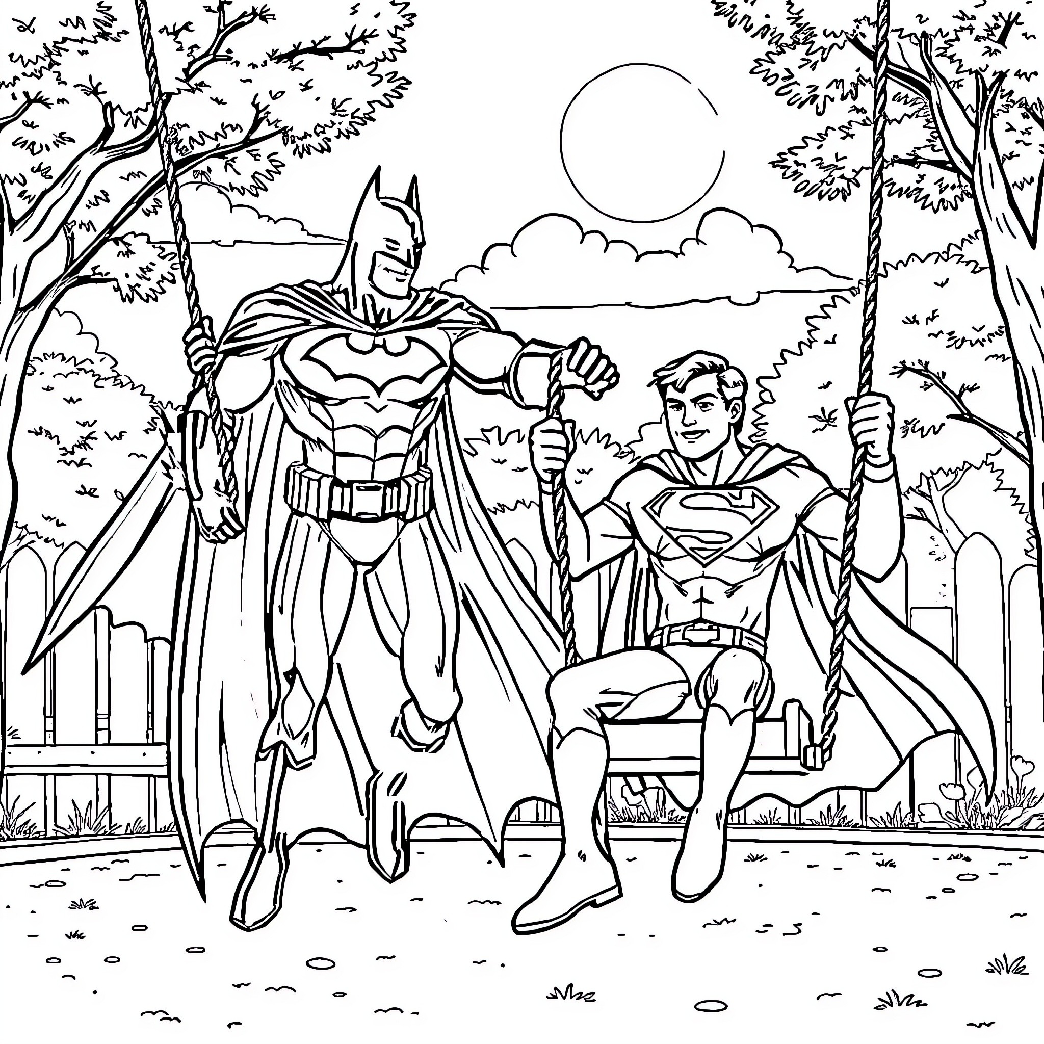 Batman and Superman in action-packed outdoor scene Coloring Page (free black-and-white line drawing printable PDF for all, from beginners to advanced learners, including children, teens, adults, and seniors)
