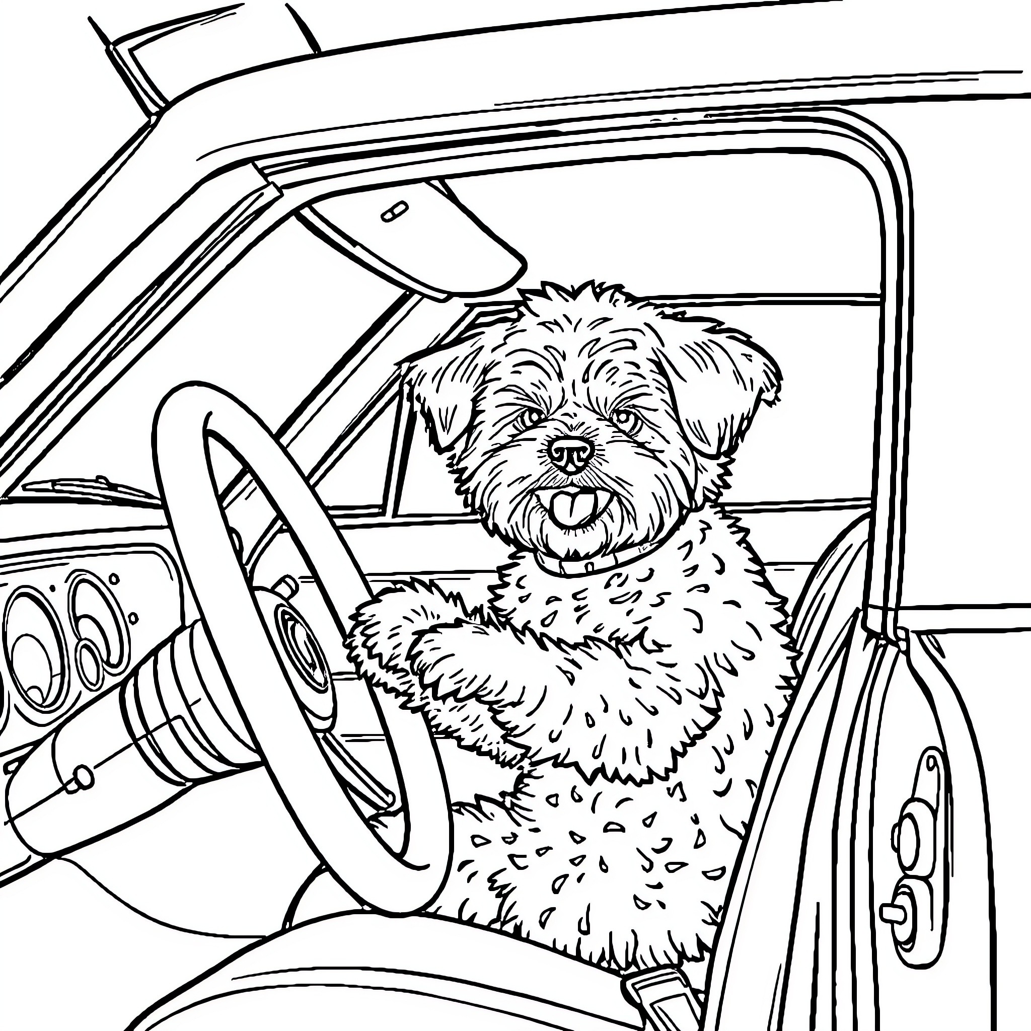 Maltipoo dog relaxing happily in car interior Coloring Page (free black-and-white line drawing printable PDF for all, from beginners to advanced learners, including children, teens, adults, and seniors)