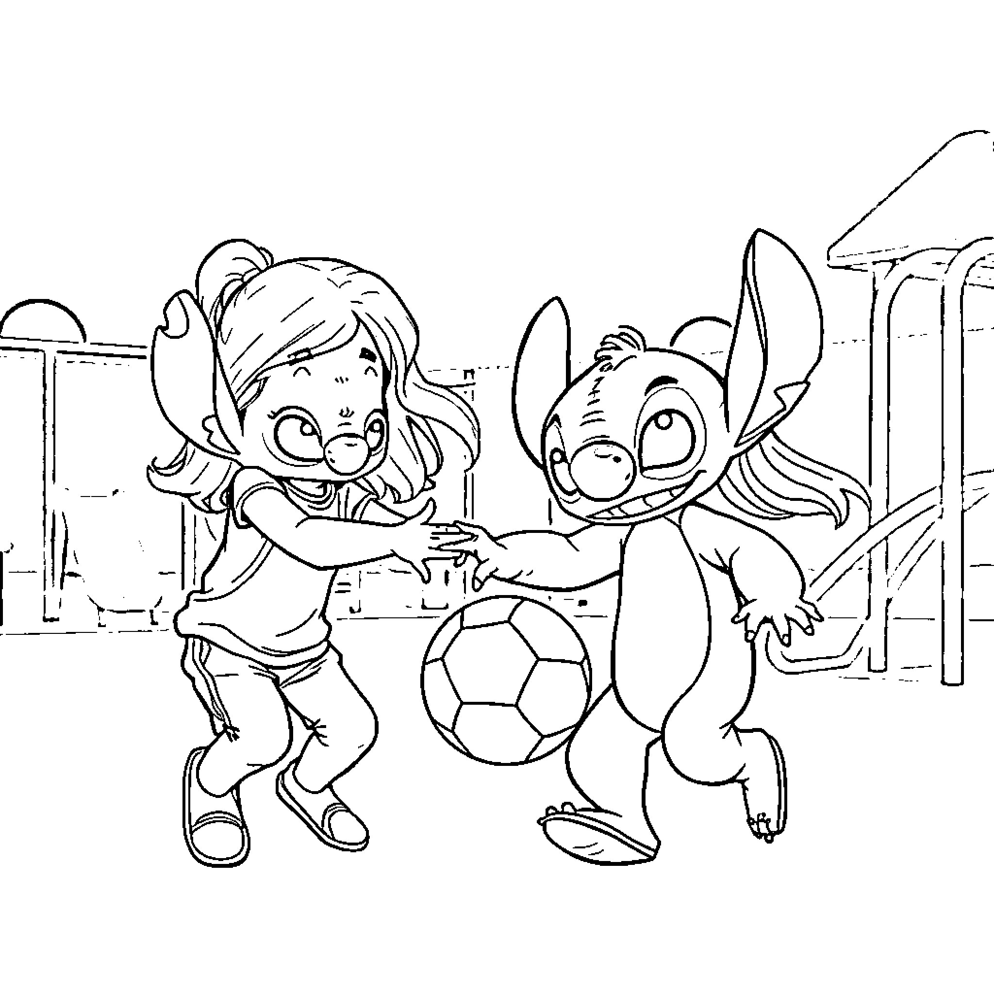Stitch and Girl Playing with Soccer Ball Coloring Page (free black-and-white line drawing printable PDF for all, from beginners to advanced learners, including children, teens, adults, and seniors)