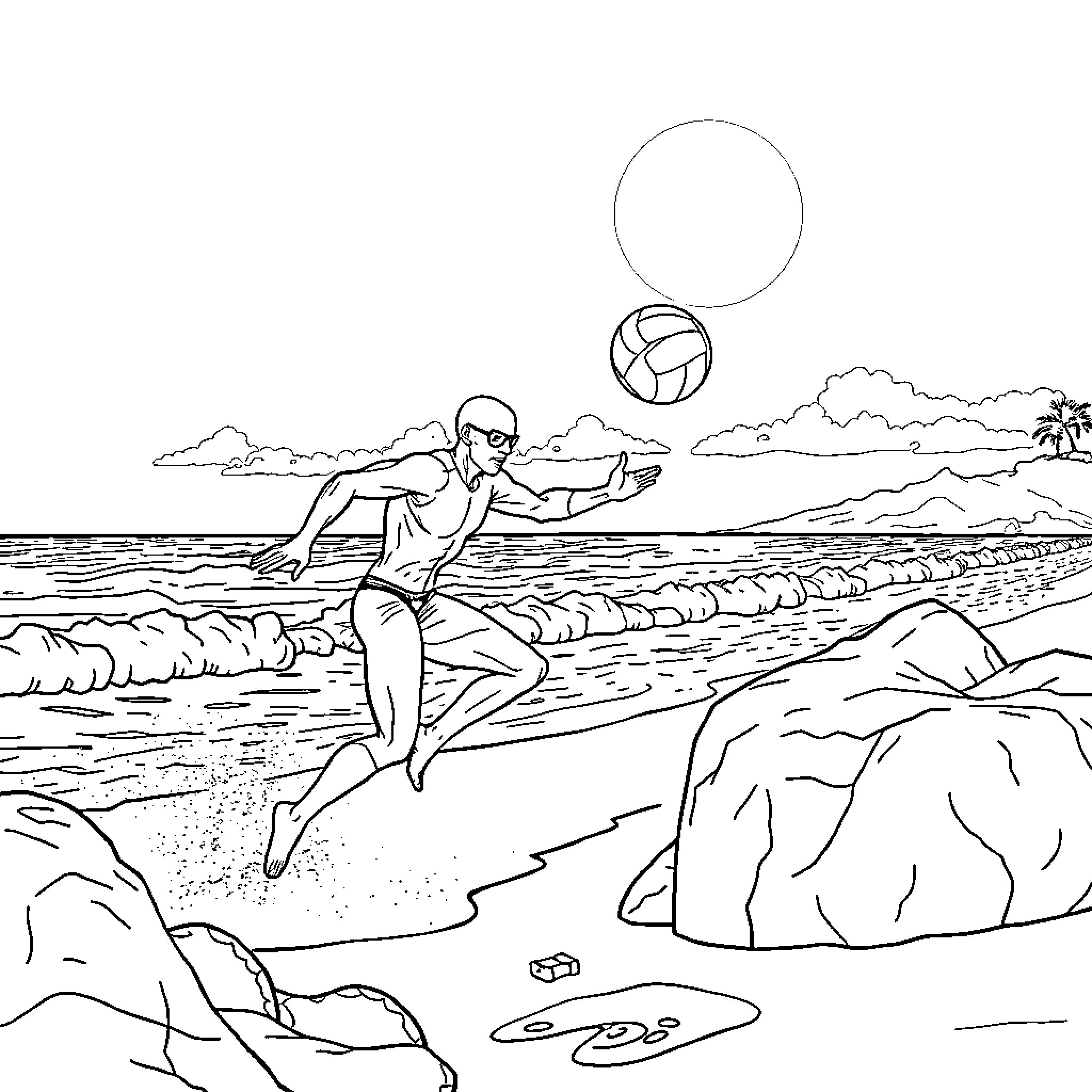 Flash diving to return a beach volleyball Coloring Page (free black-and-white line drawing printable PDF for all, from beginners to advanced learners, including children, teens, adults, and seniors)