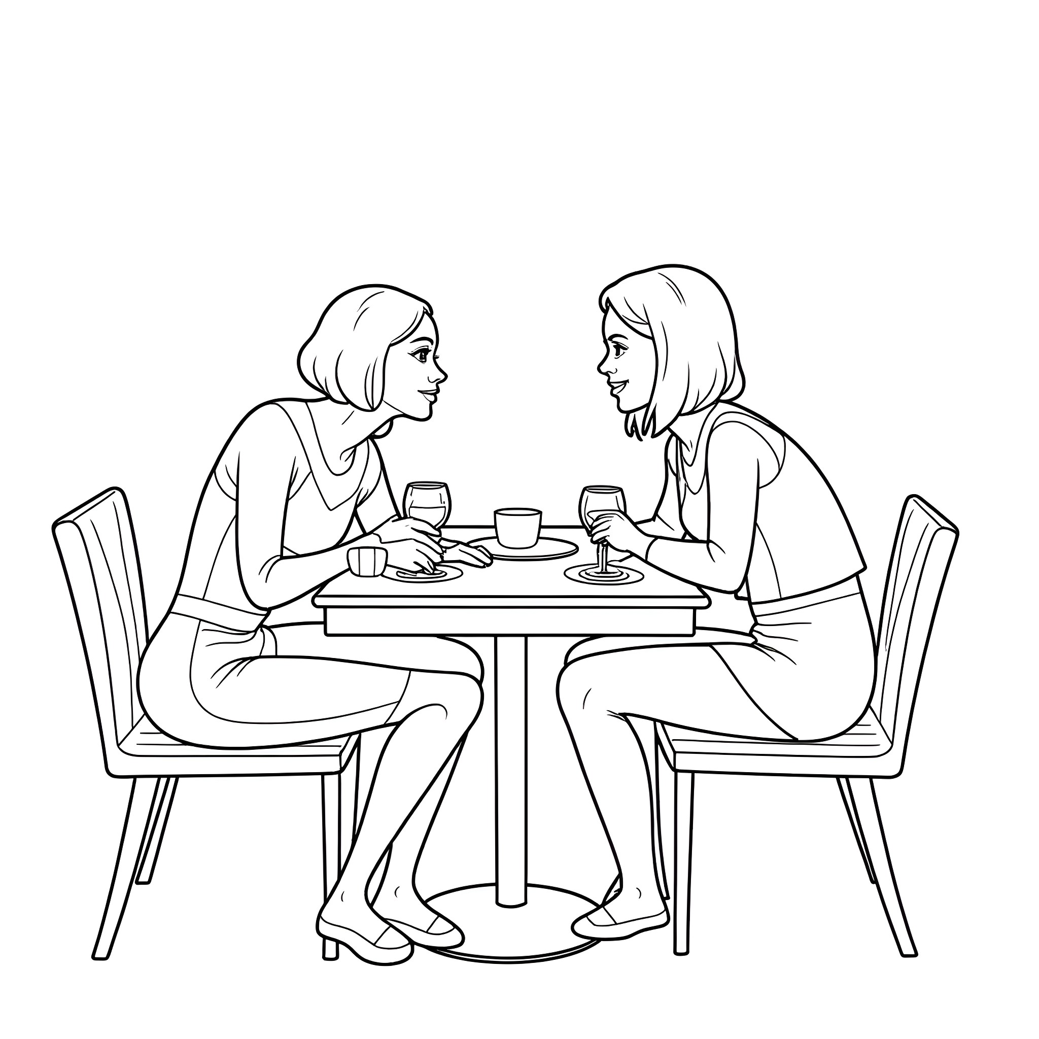 Spider Gwen enjoying coffee with a friend Coloring Page (free black-and-white line drawing printable PDF for all, from beginners to advanced learners, including children, teens, adults, and seniors)