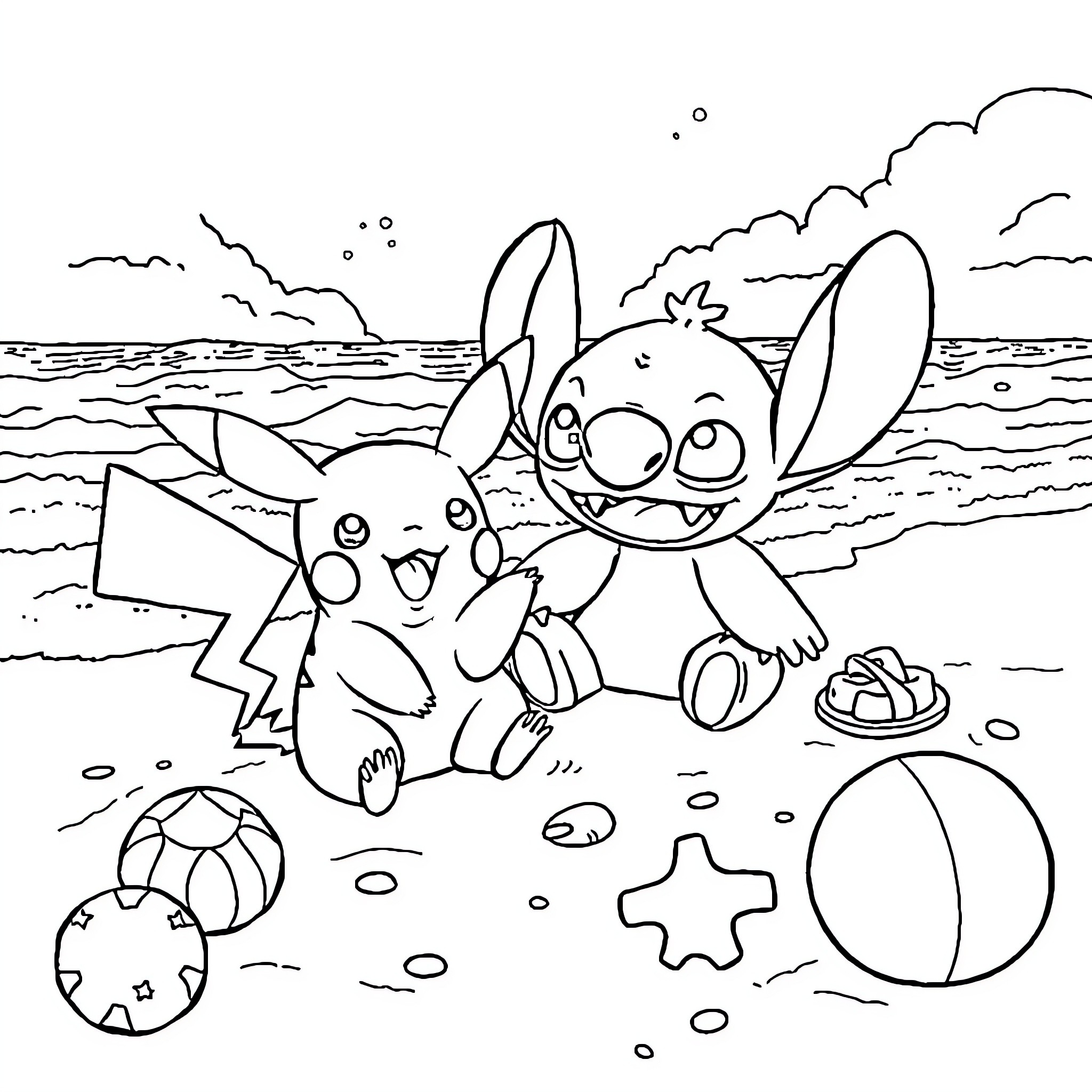 Pikachu and Stitch playing on the beach Coloring Page (free black-and-white line drawing printable PDF for all, from beginners to advanced learners, including children, teens, adults, and seniors)