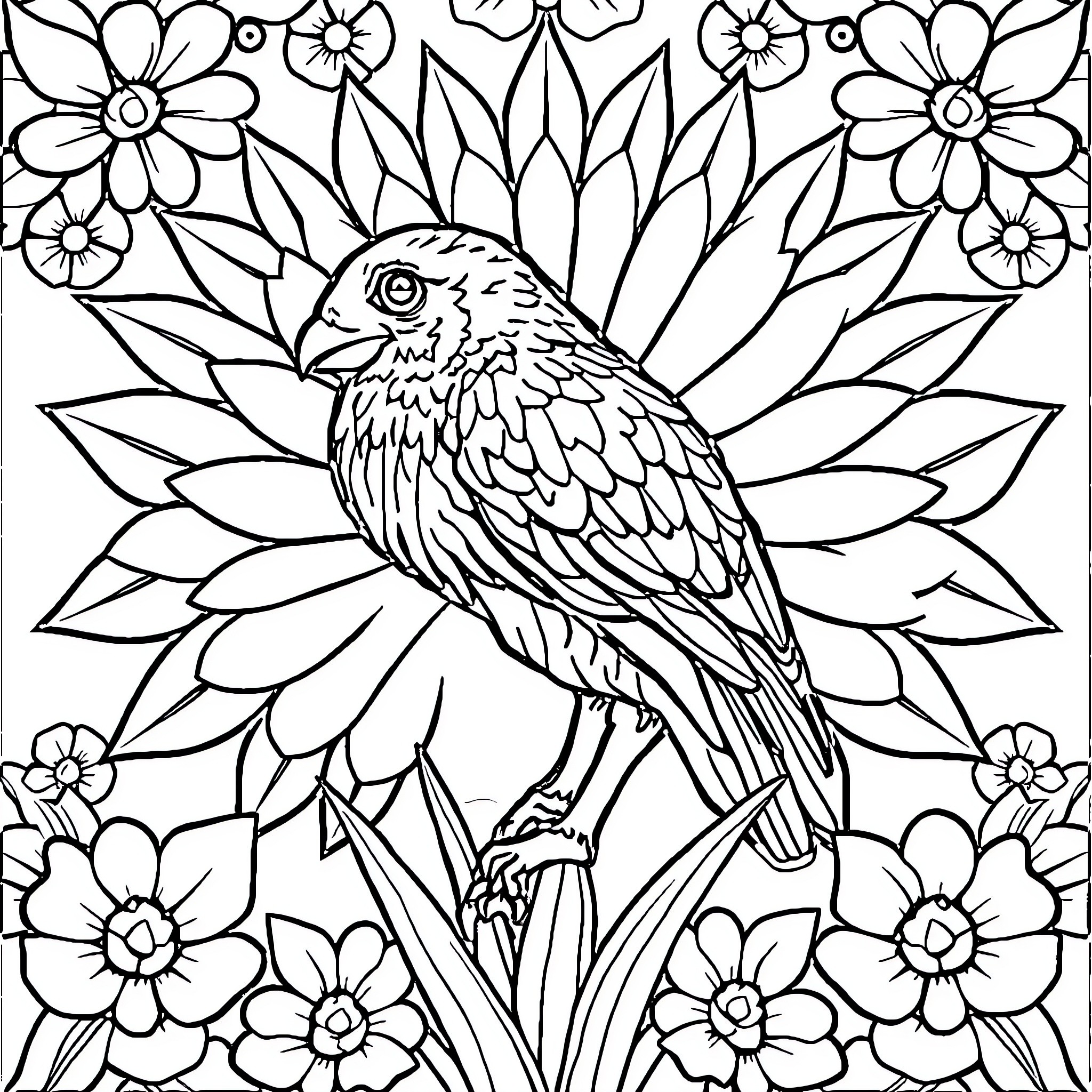Detailed floral and bird illustration Coloring Page (free black-and-white line drawing printable PDF for all, from beginners to advanced learners, including children, teens, adults, and seniors)