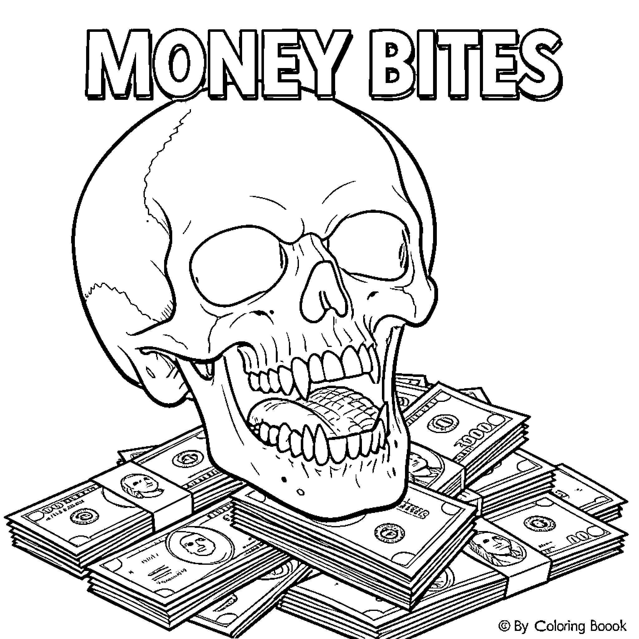 Skull devouring money stacks Coloring Page (free black-and-white line drawing printable PDF for all, from beginners to advanced learners, including children, teens, adults, and seniors)