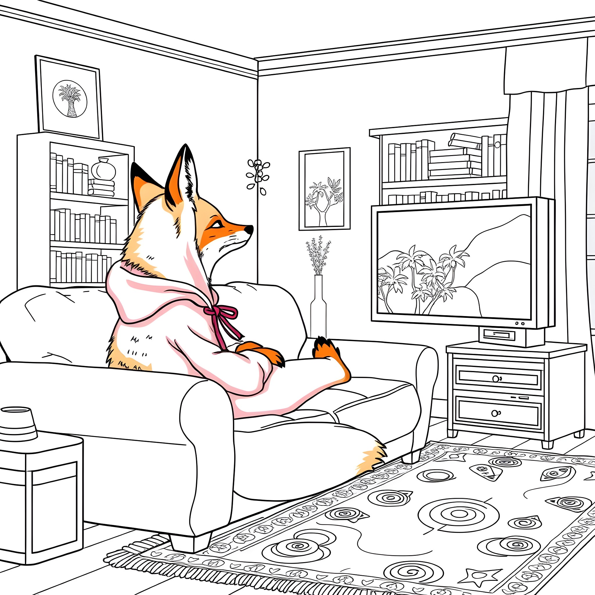 Fox relaxing comfortably in a cozy living room Coloring Page (free black-and-white line drawing printable PDF for all, from beginners to advanced learners, including children, teens, adults, and seniors)