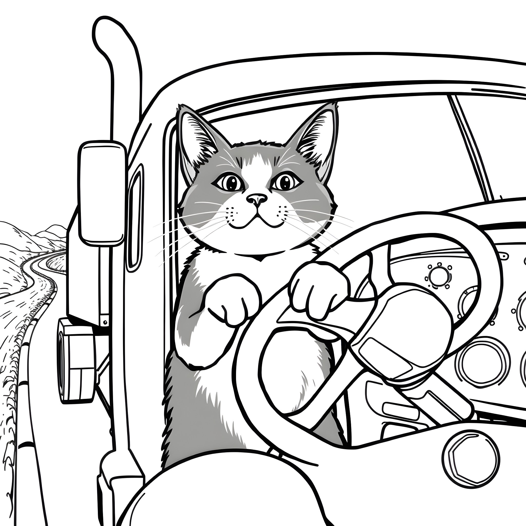 Cat driving a car Coloring Page (free black-and-white line drawing printable PDF for all, from beginners to advanced learners, including children, teens, adults, and seniors)