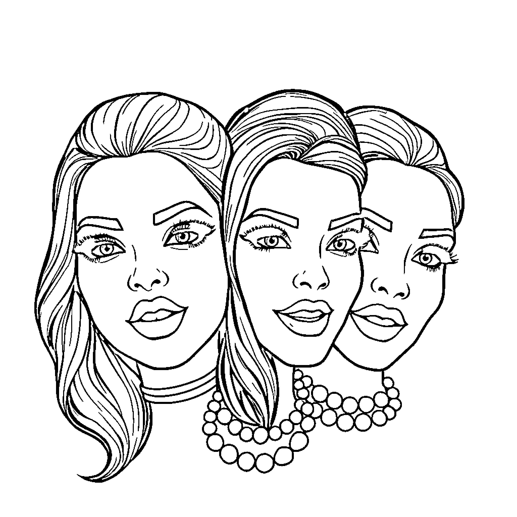 Celebrity glamorous women with stylish hairstyles Coloring Page (free black-and-white line drawing printable PDF for all, from beginners to advanced learners, including children, teens, adults, and seniors)