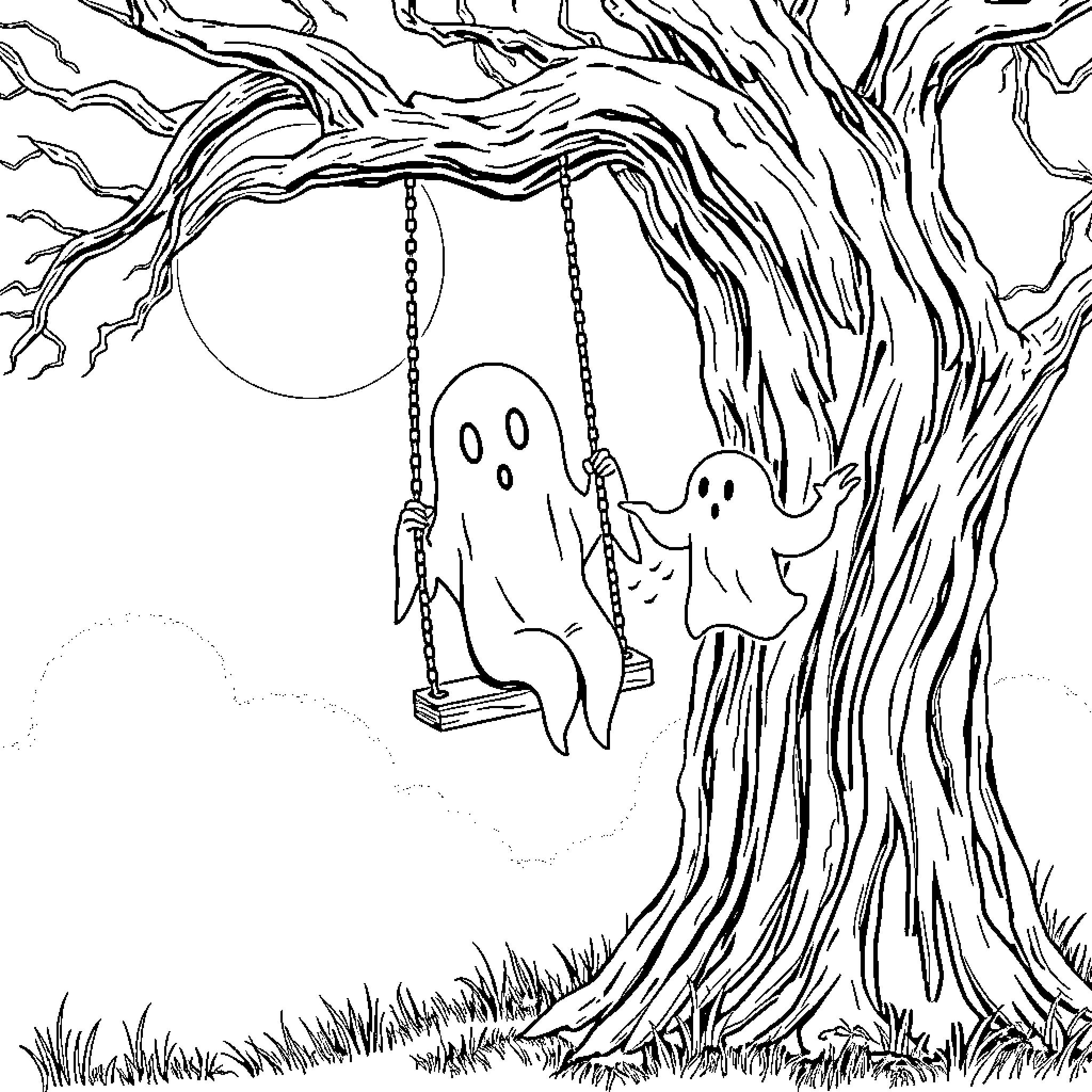 Ghost friends enjoying a swing under the moonlight Coloring Page (free black-and-white line drawing printable PDF for all, from beginners to advanced learners, including children, teens, adults, and seniors)