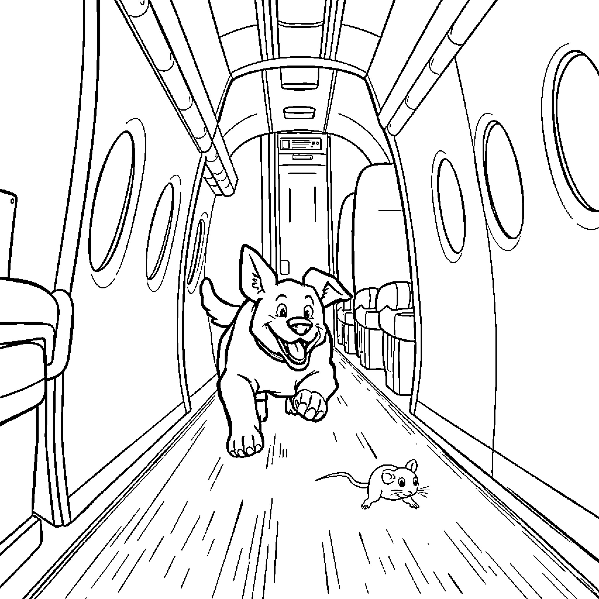 Dog running happily down the train aisle Coloring Page (free black-and-white line drawing printable PDF for all, from beginners to advanced learners, including children, teens, adults, and seniors)