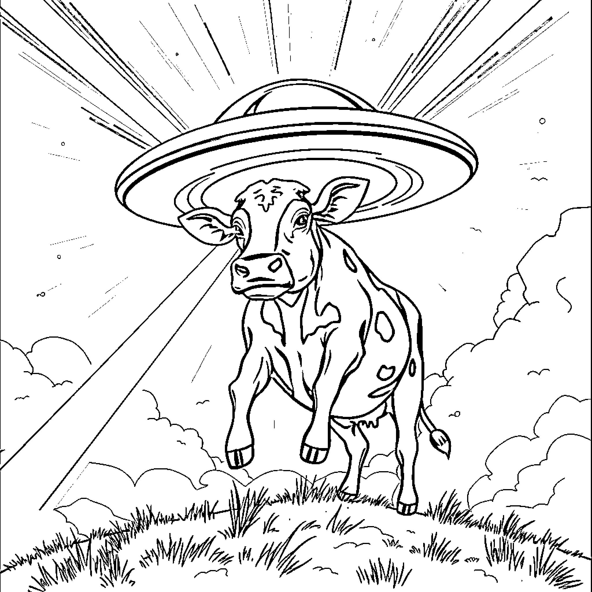 Cow being abducted by a UFO Coloring Page (free black-and-white line drawing printable PDF for all, from beginners to advanced learners, including children, teens, adults, and seniors)