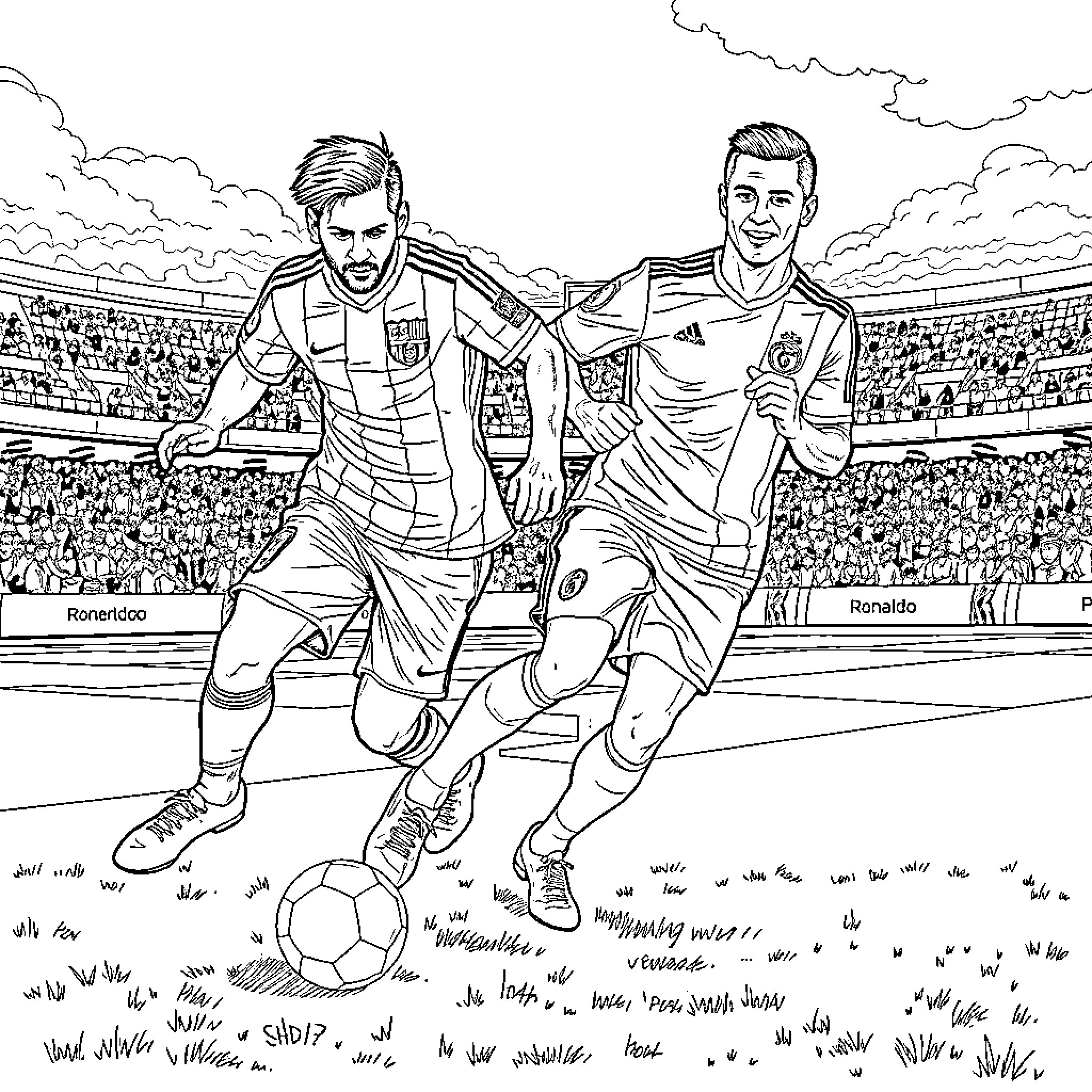 Lionel Messi and Ronaldo in football match action Coloring Page (free black-and-white line drawing printable PDF for all, from beginners to advanced learners, including children, teens, adults, and seniors)
