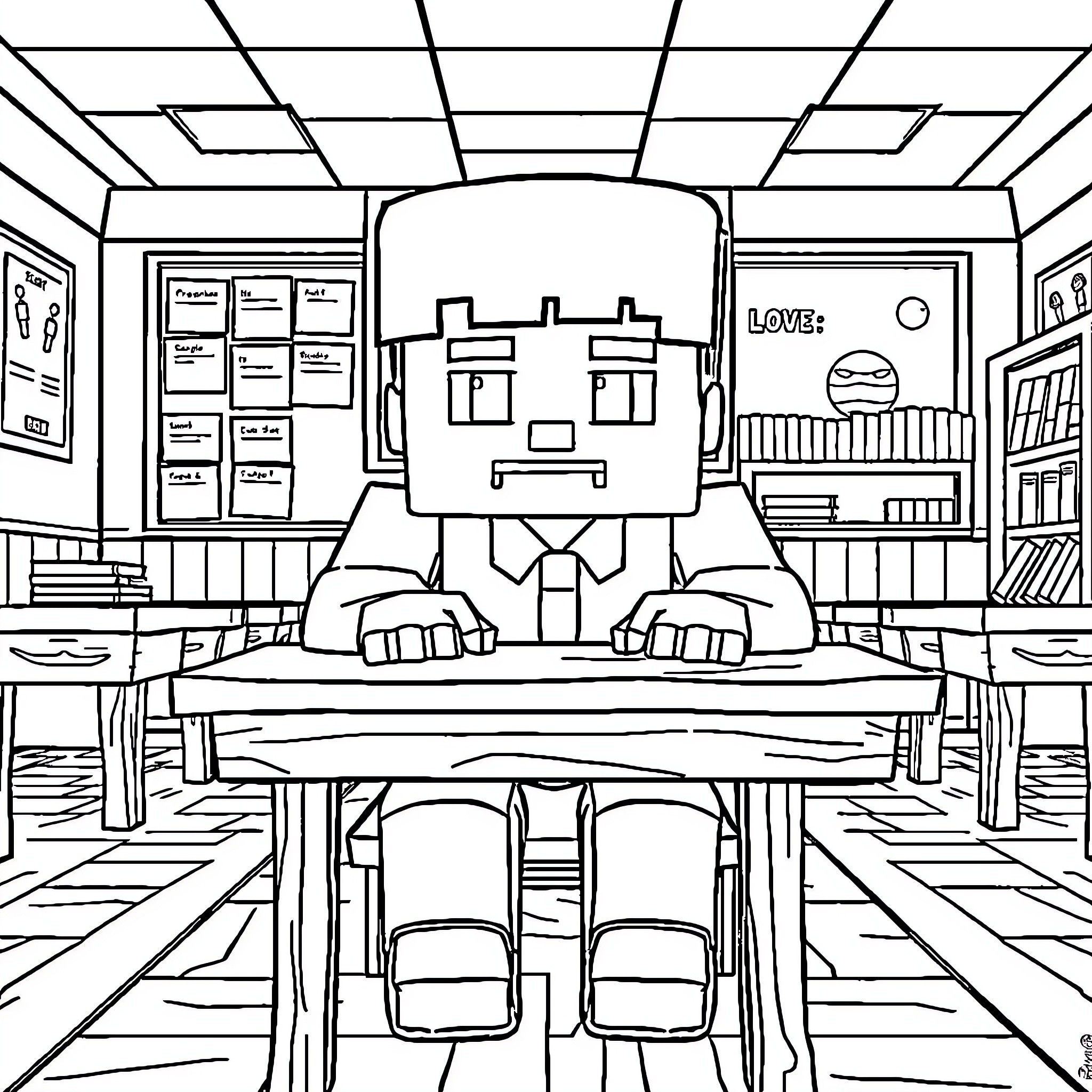 Minecraft character in a classroom setting Coloring Page (free black-and-white line drawing printable PDF for all, from beginners to advanced learners, including children, teens, adults, and seniors)
