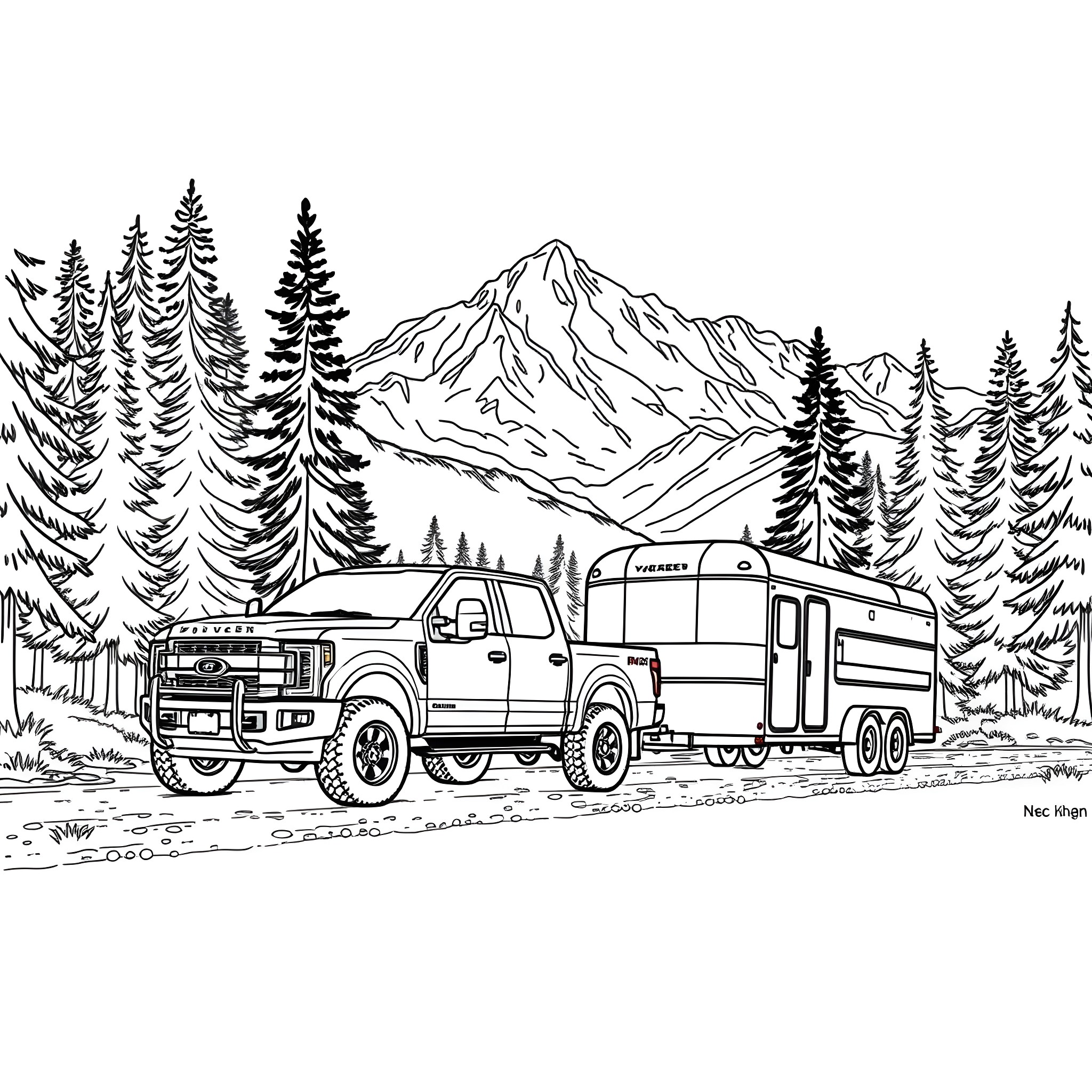 Pickup towing trailer through mountain landscape Coloring Page (free black-and-white line drawing printable PDF for all, from beginners to advanced learners, including children, teens, adults, and seniors)