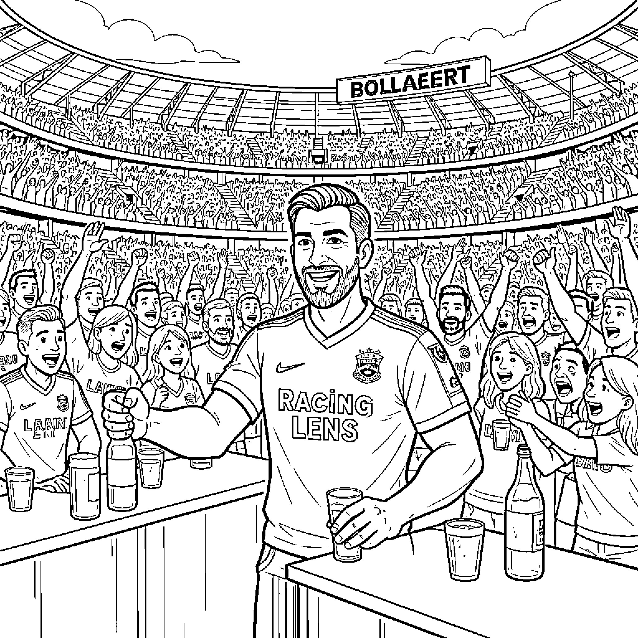 Barman serving drinks to cheering soccer fans Coloring Page (free black-and-white line drawing printable PDF for all, from beginners to advanced learners, including children, teens, adults, and seniors)