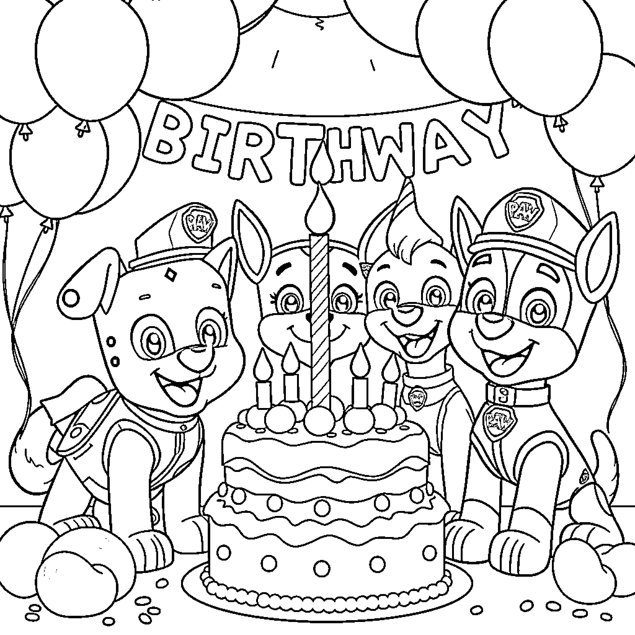 Paw Patrol Birthday Celebration with Balloons Coloring Page (free black-and-white line drawing printable PDF for all, from beginners to advanced learners, including children, teens, adults, and seniors)