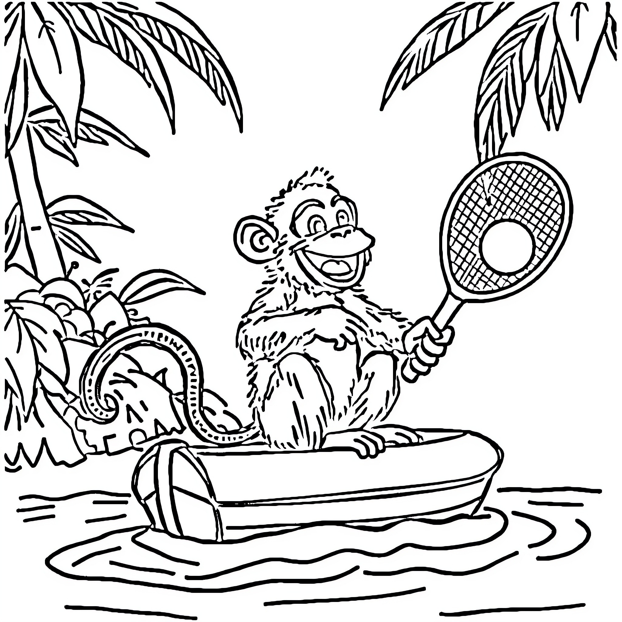 Monkey playing with tennis racket in boat Coloring Page (free black-and-white line drawing printable PDF for all, from beginners to advanced learners, including children, teens, adults, and seniors)