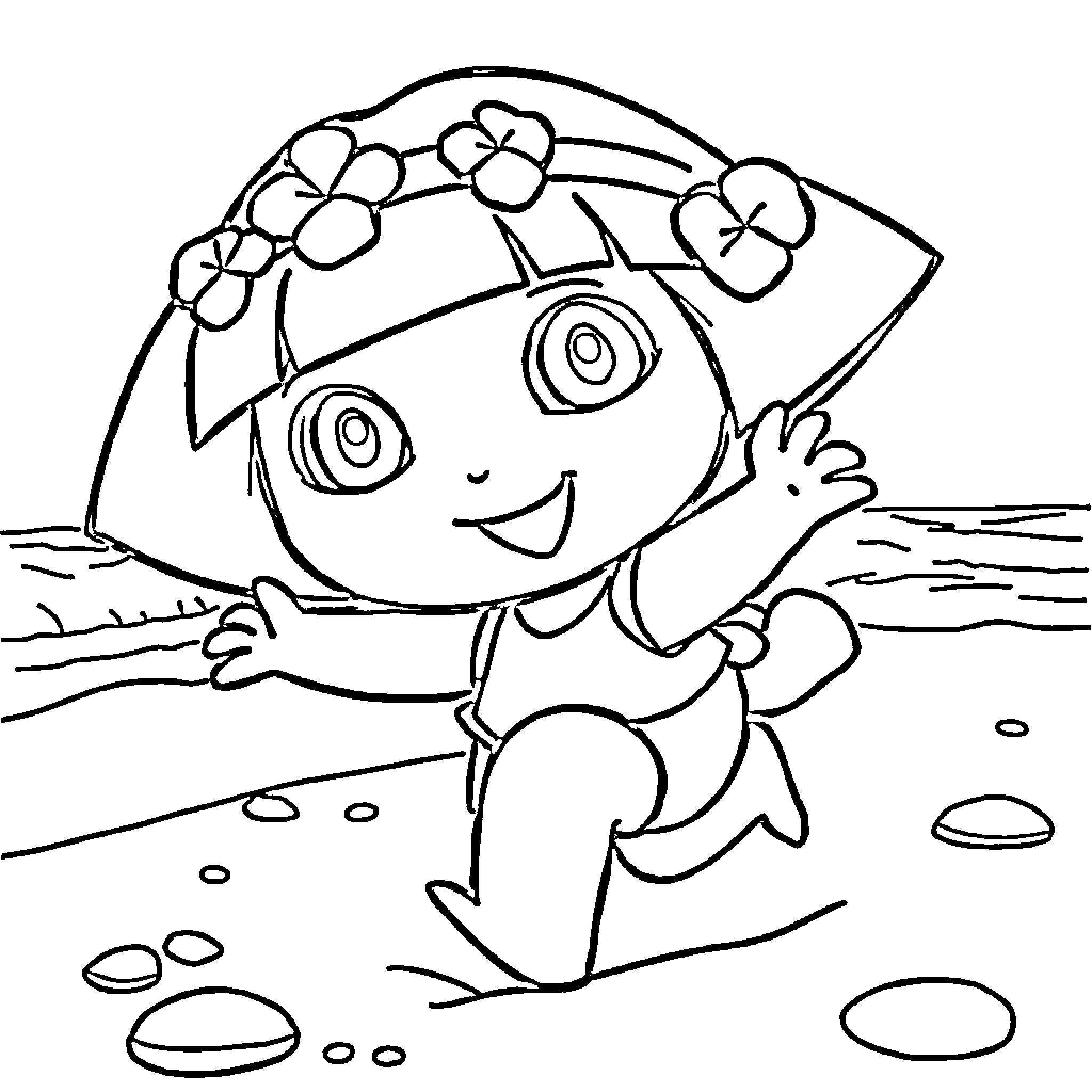 Dora wearing a flower hat and waving happily Coloring Page (free black-and-white line drawing printable PDF for all, from beginners to advanced learners, including children, teens, adults, and seniors)