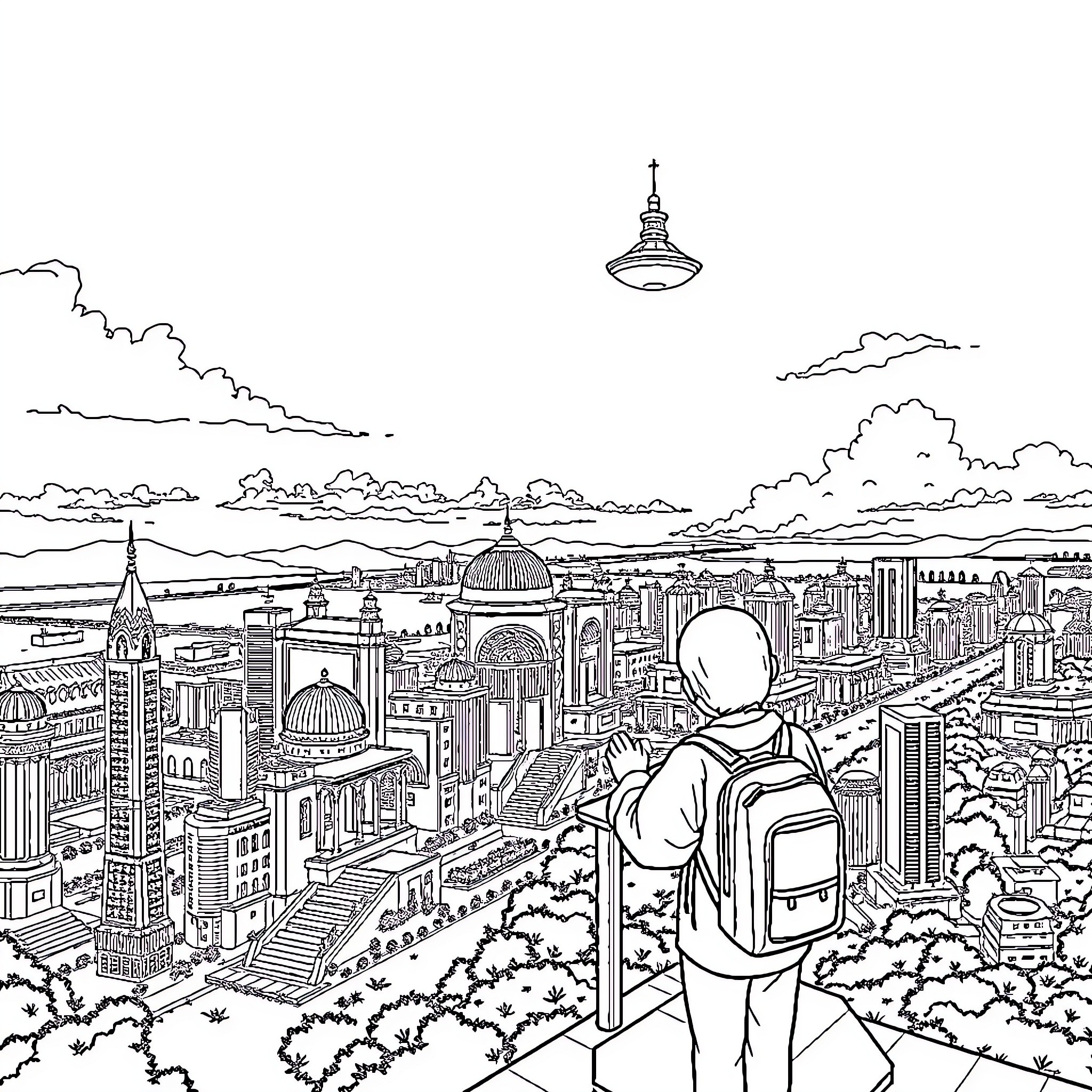 Pemuda exploring the vibrant cityscape Coloring Page (free black-and-white line drawing printable PDF for all, from beginners to advanced learners, including children, teens, adults, and seniors)