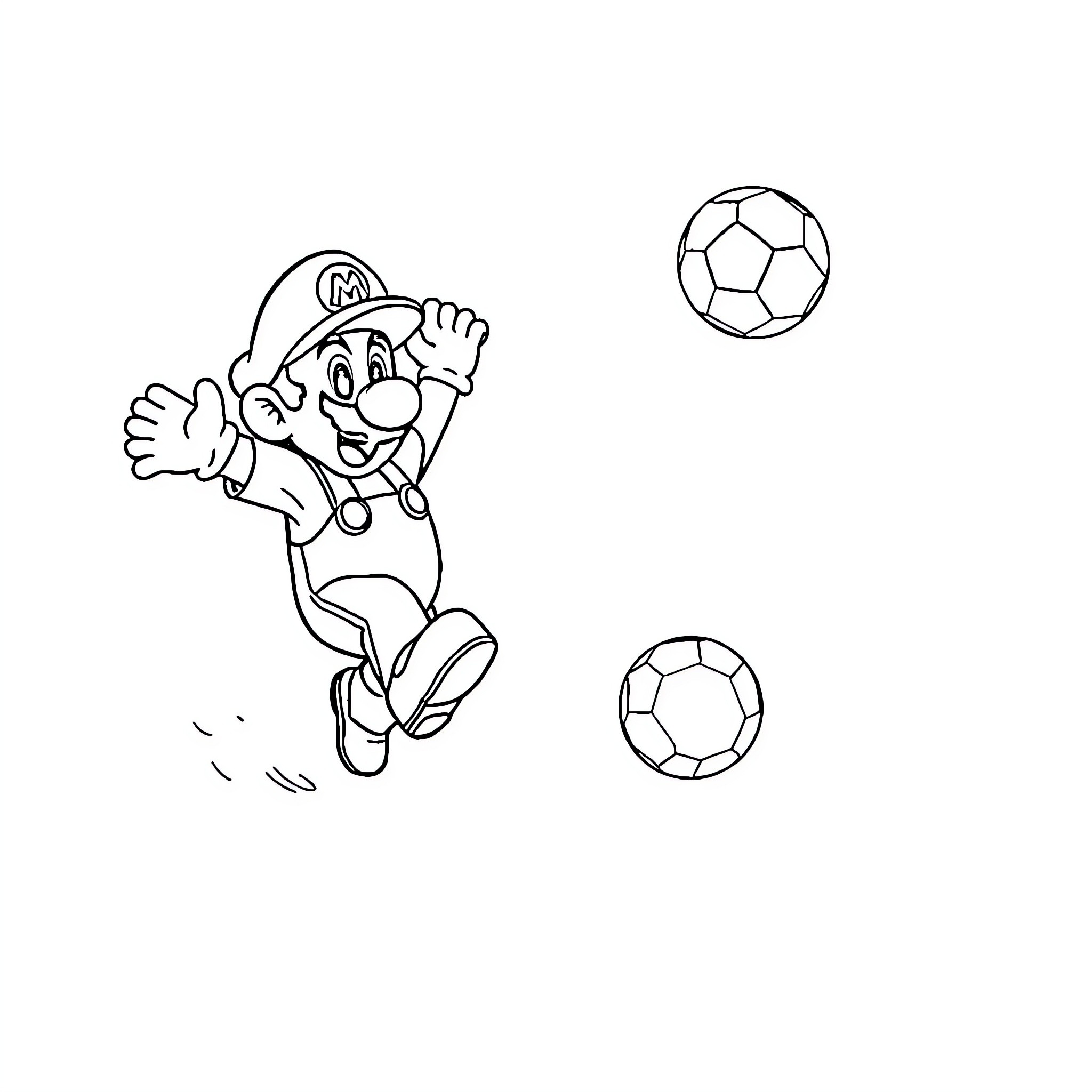 Mario Joyfully Kicking Soccer Balls Coloring Page (free black-and-white line drawing printable PDF for all, from beginners to advanced learners, including children, teens, adults, and seniors)