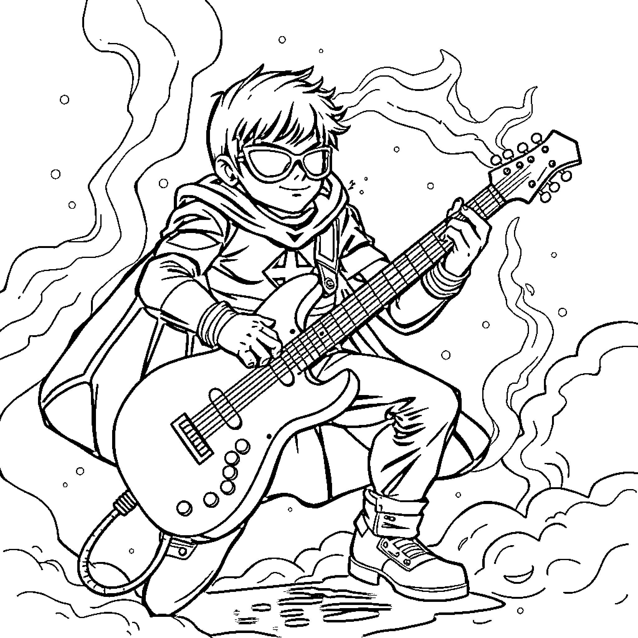 Musical Hero Rocks the Stage with Passion Coloring Page (free black-and-white line drawing printable PDF for all, from beginners to advanced learners, including children, teens, adults, and seniors)