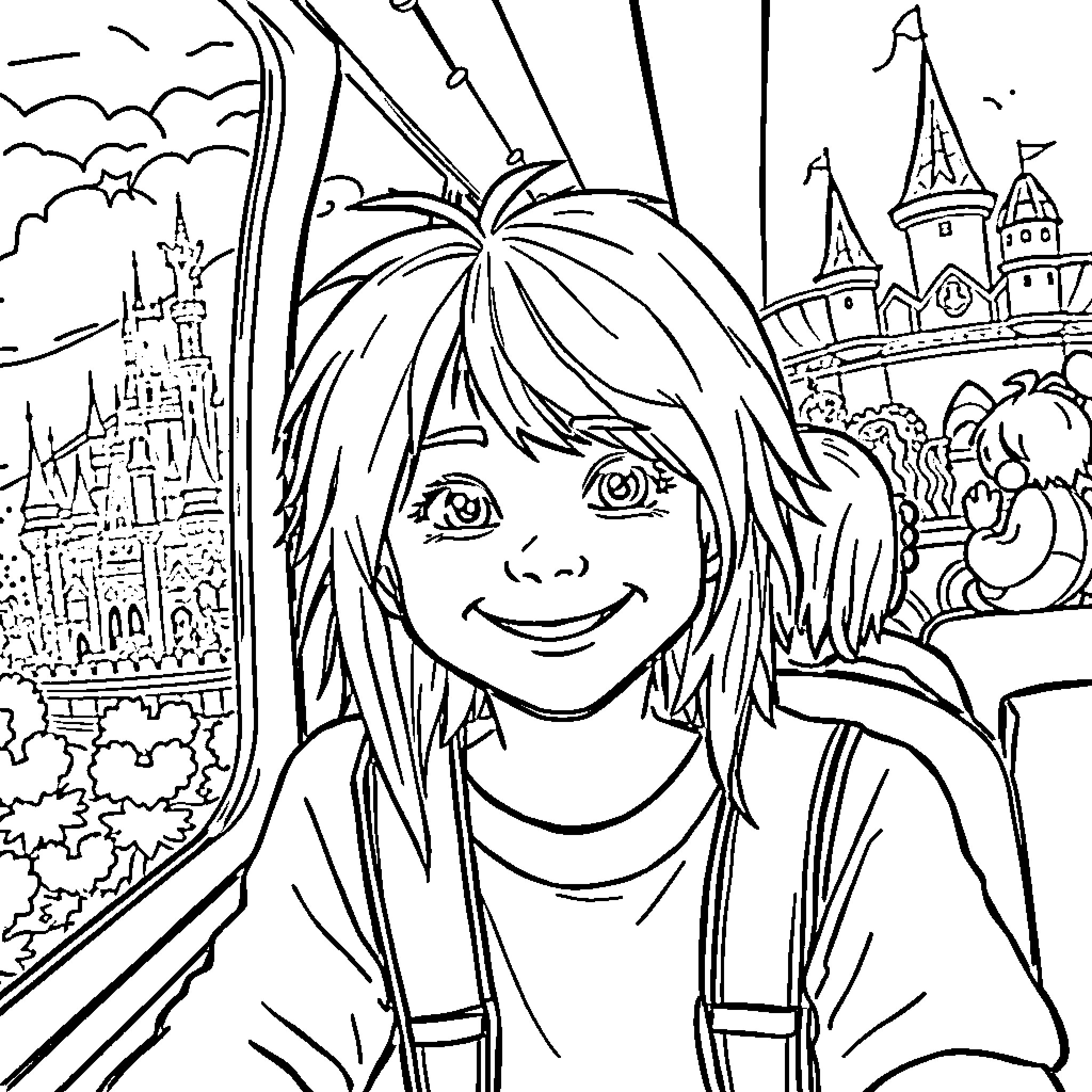 Boy exploring magical castle with excitement Coloring Page (free black-and-white line drawing printable PDF for all, from beginners to advanced learners, including children, teens, adults, and seniors)