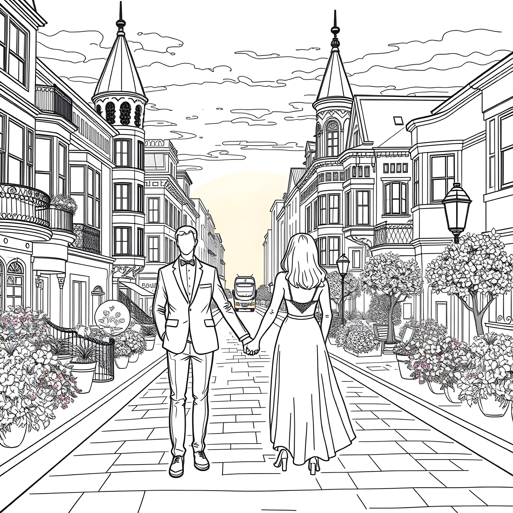Couple strolling through a picturesque European town Coloring Page (free black-and-white line drawing printable PDF for all, from beginners to advanced learners, including children, teens, adults, and seniors)