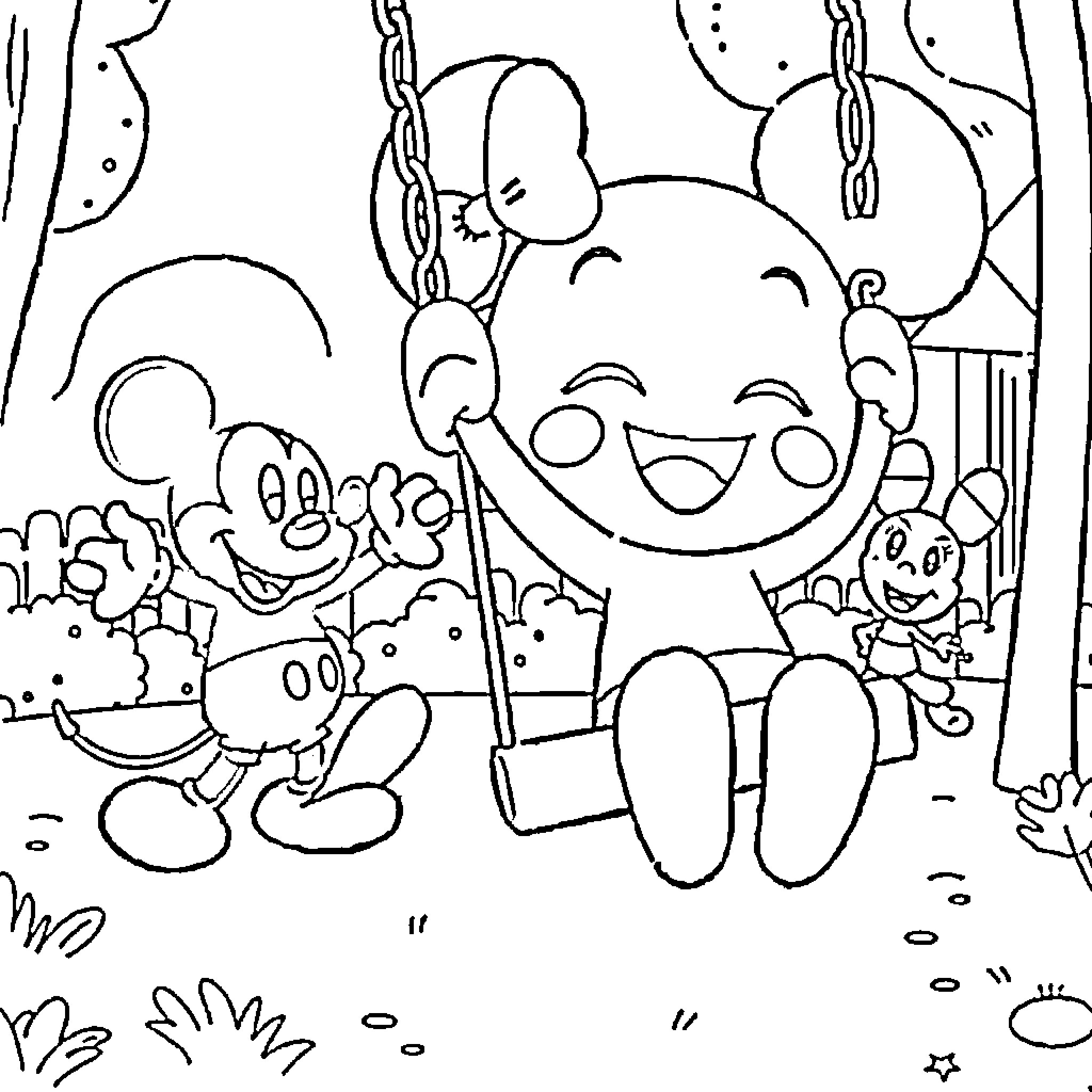 Bluey and Friends Playing Happily on Swings Coloring Page (free black-and-white line drawing printable PDF for all, from beginners to advanced learners, including children, teens, adults, and seniors)