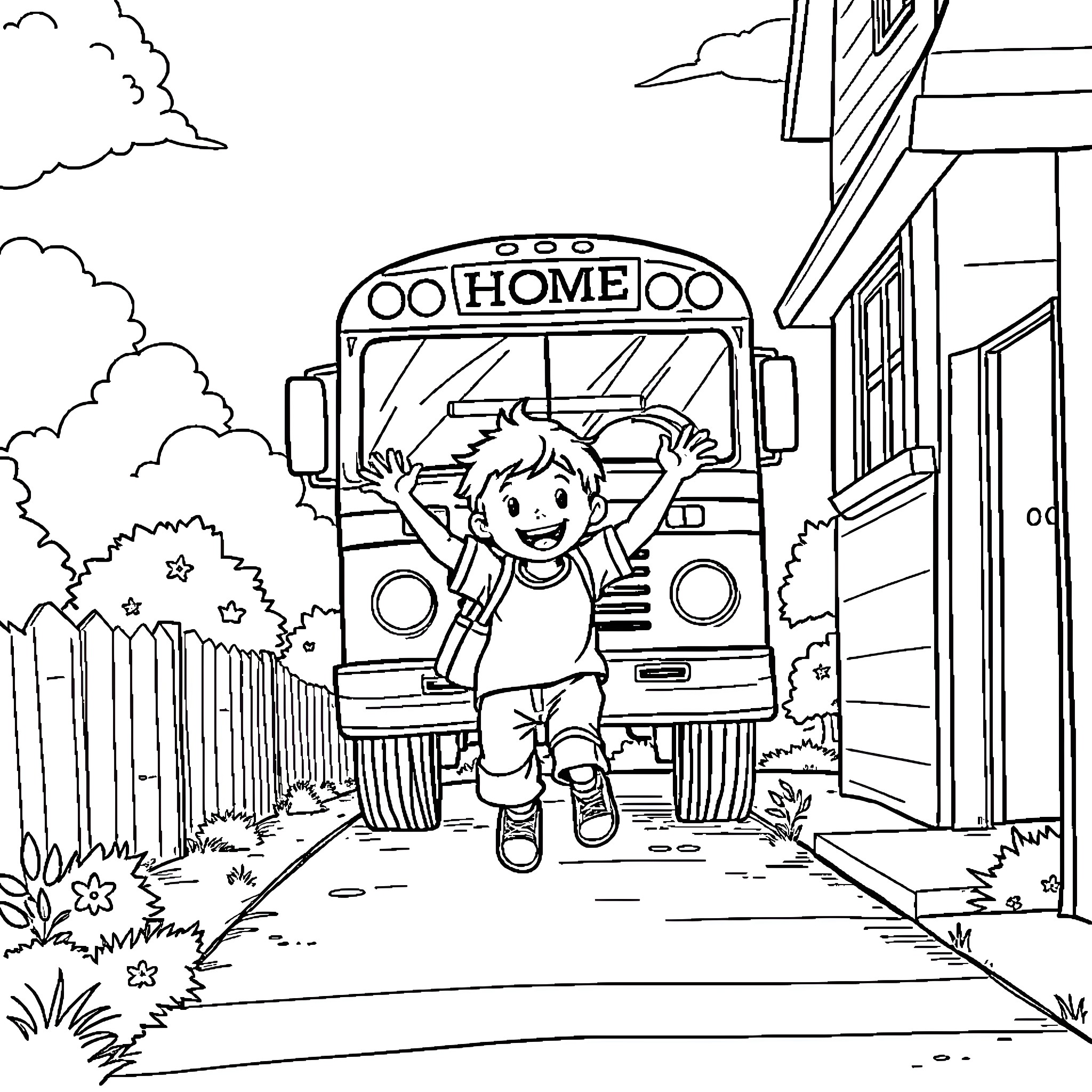 Child waving happily on the way home Coloring Page (free black-and-white line drawing printable PDF for all, from beginners to advanced learners, including children, teens, adults, and seniors)