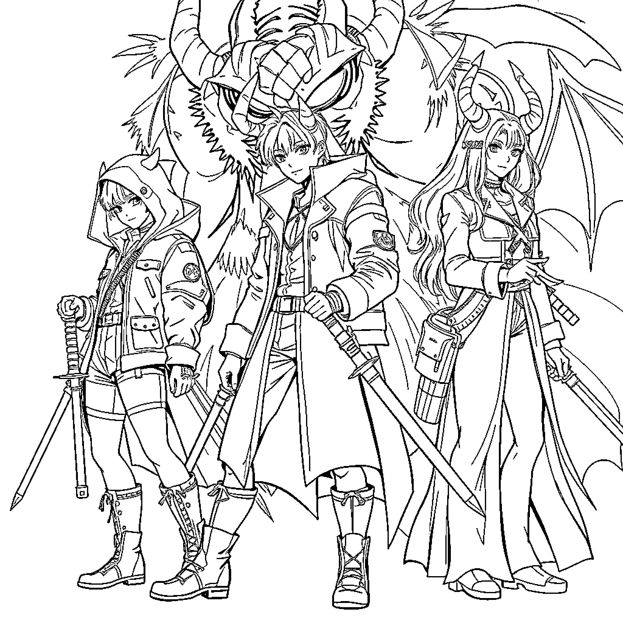Demon Hunter Trio in Powerful Anime-Style Gear Coloring Page (free black-and-white line drawing printable PDF for all, from beginners to advanced learners, including children, teens, adults, and seniors)