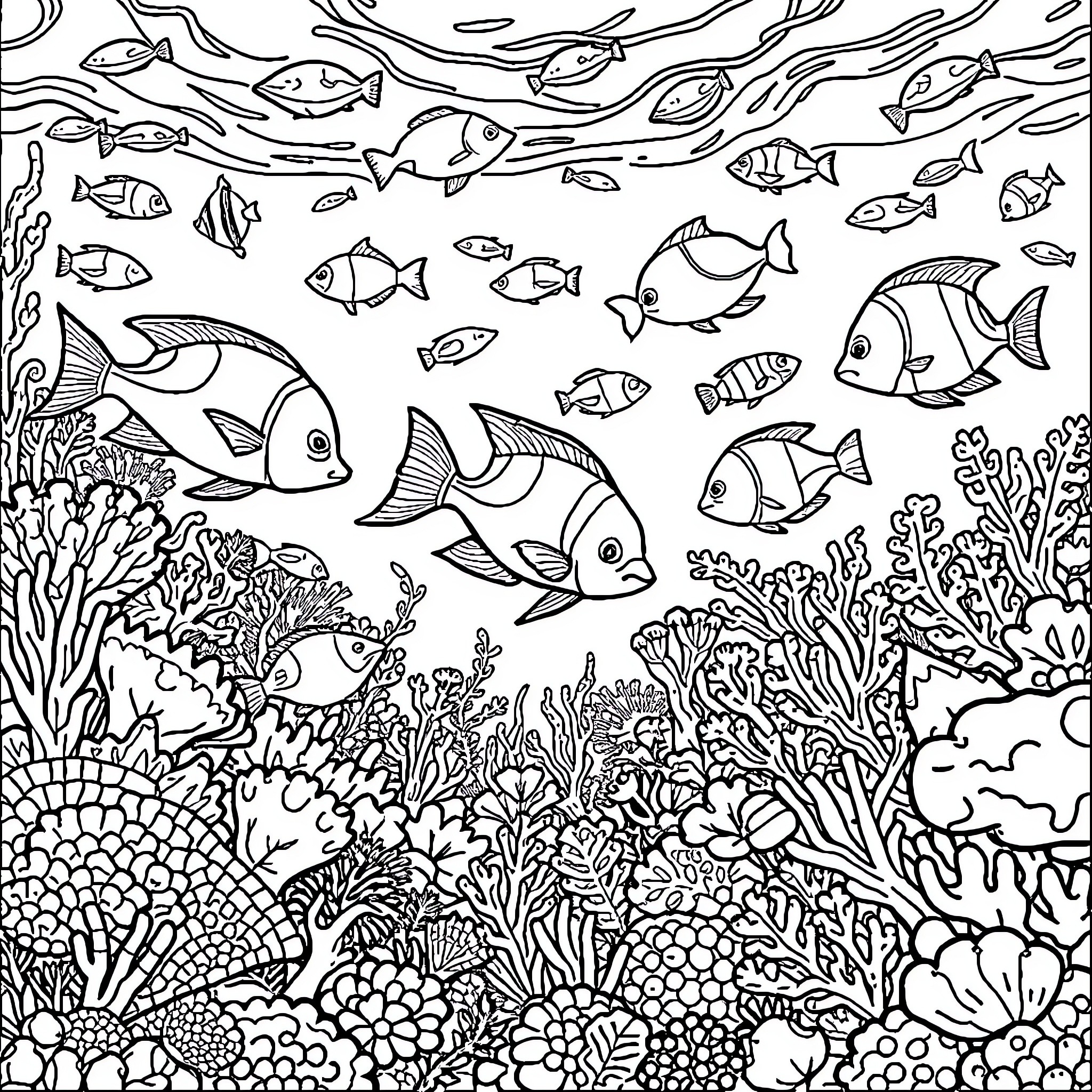 Underwater marine life scene with diverse fish Coloring Page (free black-and-white line drawing printable PDF for all, from beginners to advanced learners, including children, teens, adults, and seniors)