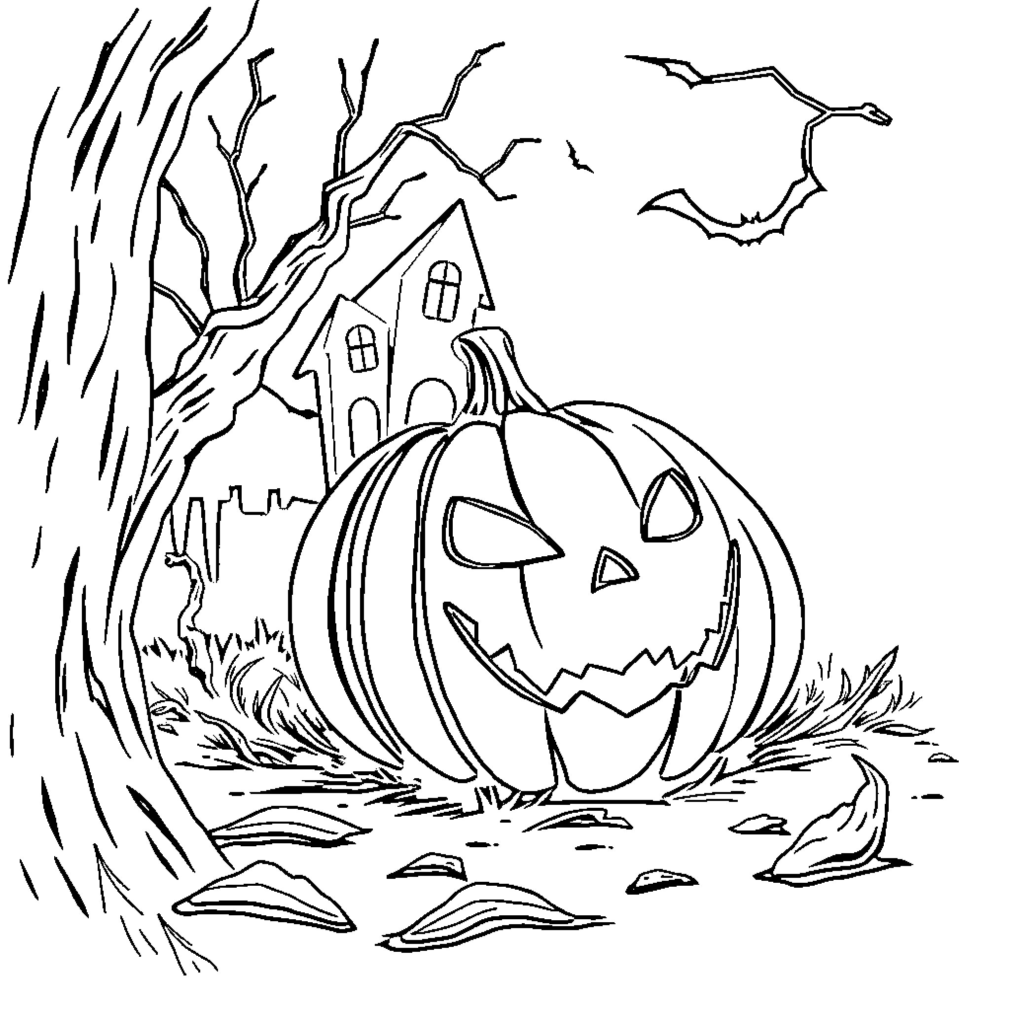 Pumpkin in a spooky Halloween scene Coloring Page (free black-and-white line drawing printable PDF for all, from beginners to advanced learners, including children, teens, adults, and seniors)