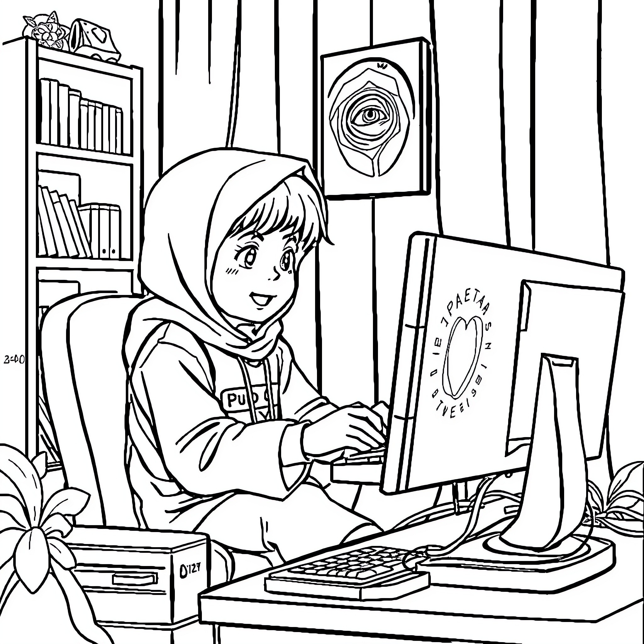 Pumuda working diligently on computer in cozy room Coloring Page (free black-and-white line drawing printable PDF for all, from beginners to advanced learners, including children, teens, adults, and seniors)