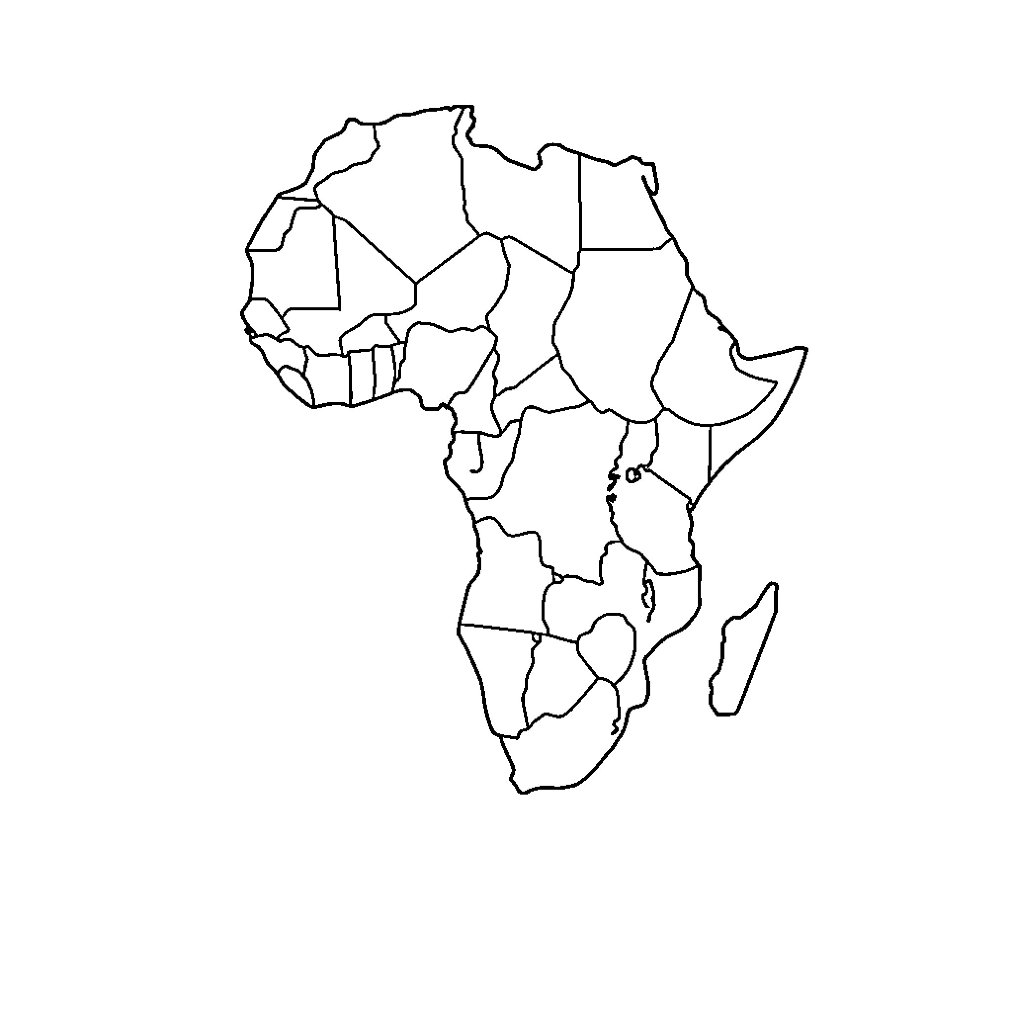 Africa Map with Outlined Regions Coloring Page (free black-and-white line drawing printable PDF for all, from beginners to advanced learners, including children, teens, adults, and seniors)
