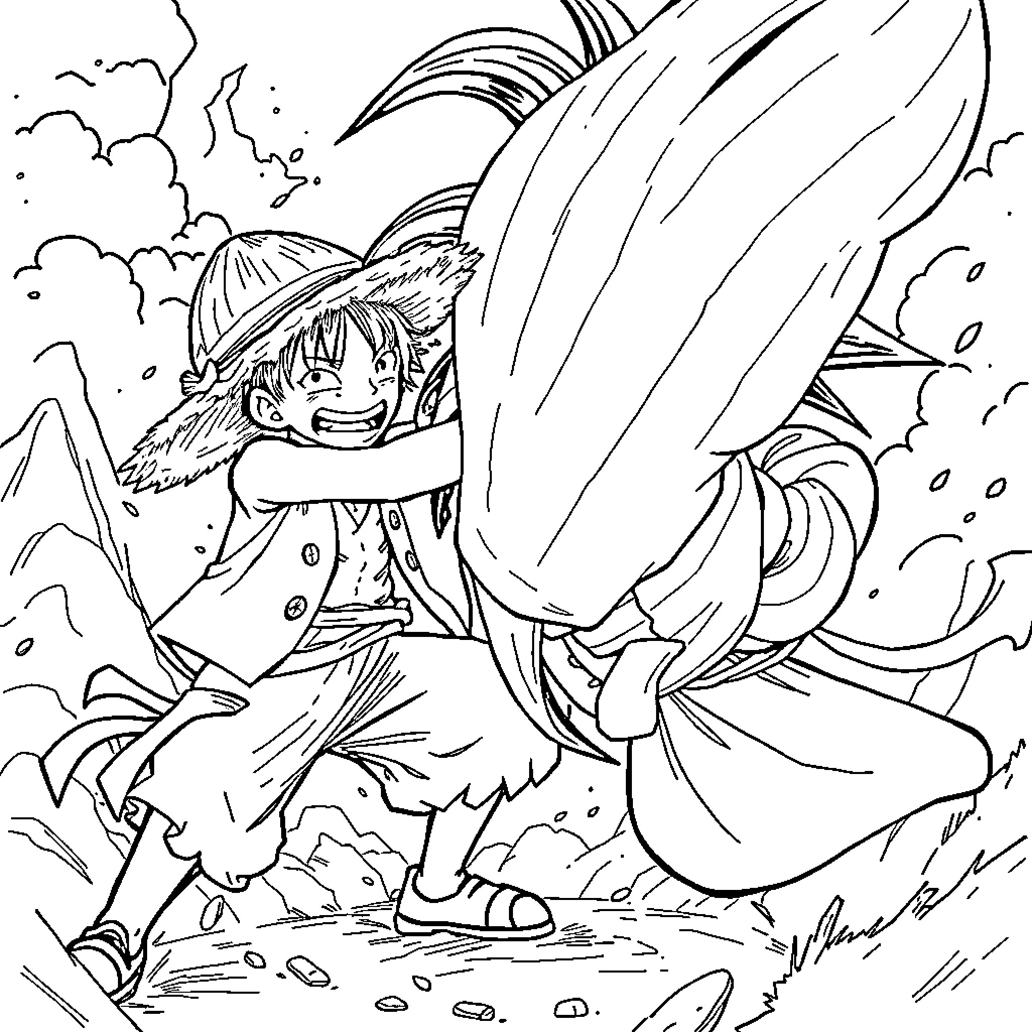 Luffy's Adventurous Journey in the Wilderness Coloring Page (free black-and-white line drawing printable PDF for all, from beginners to advanced learners, including children, teens, adults, and seniors)