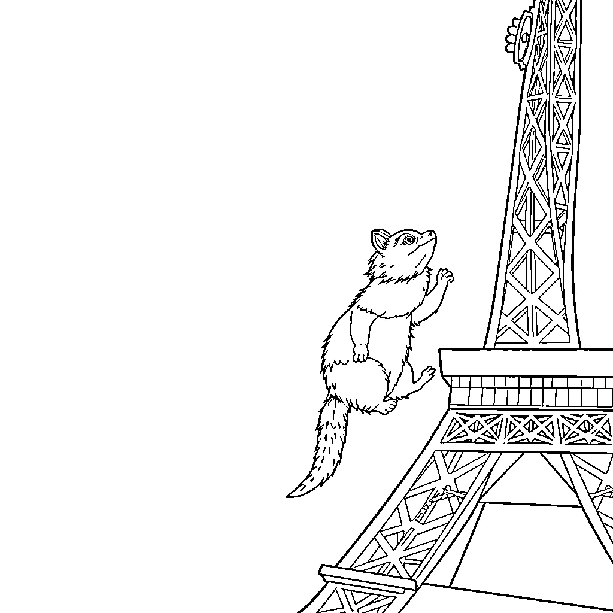 Perro curiously exploring Eiffel Tower Coloring Page (free black-and-white line drawing printable PDF for all, from beginners to advanced learners, including children, teens, adults, and seniors)