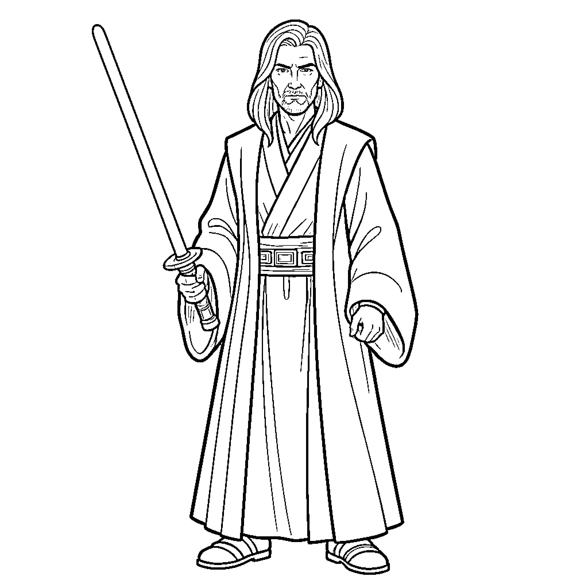 Jedi warrior standing tall holding a long sword Coloring Page (free black-and-white line drawing printable PDF for all, from beginners to advanced learners, including children, teens, adults, and seniors)