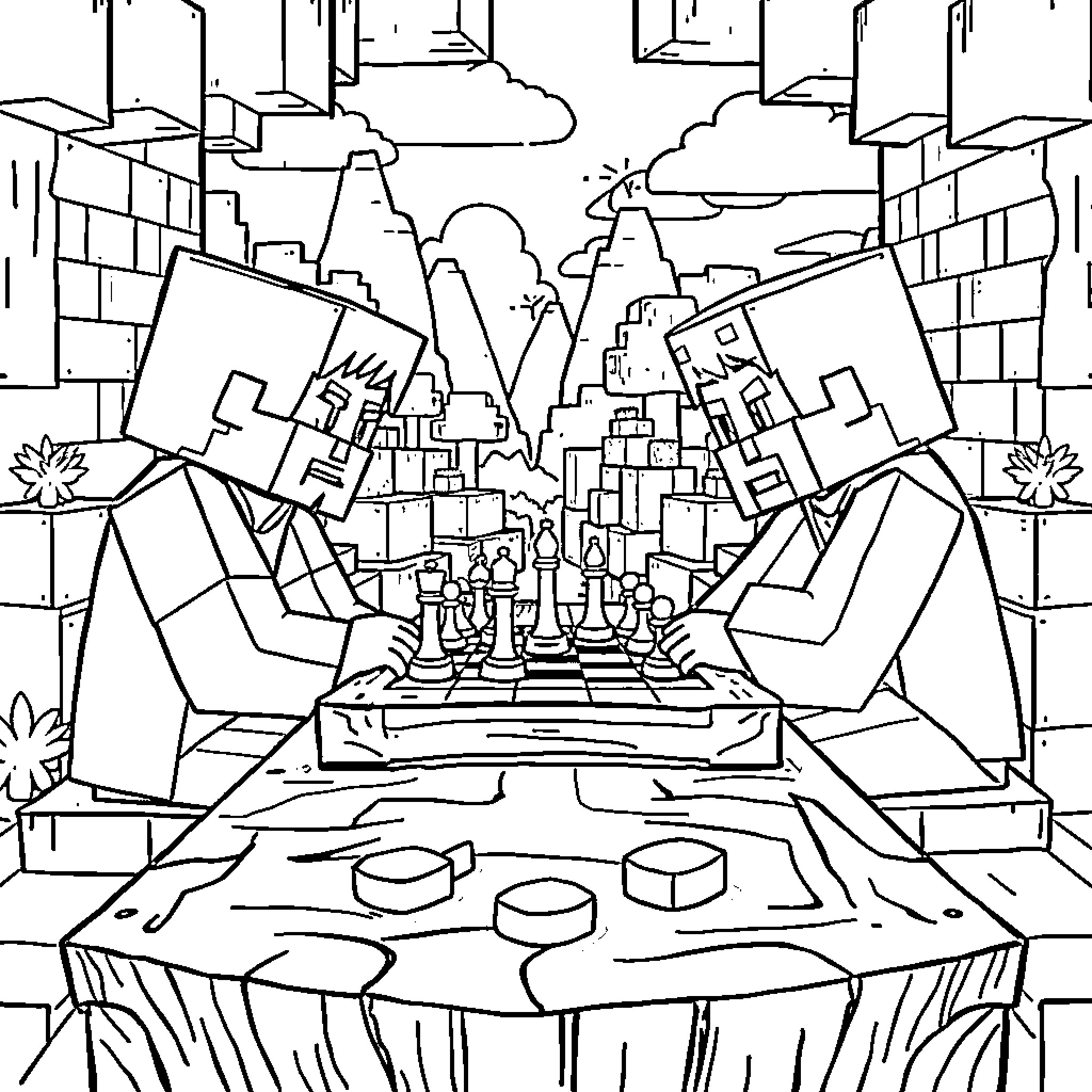 Minecraft creative mode cityscape with chess board Coloring Page (free black-and-white line drawing printable PDF for all, from beginners to advanced learners, including children, teens, adults, and seniors)