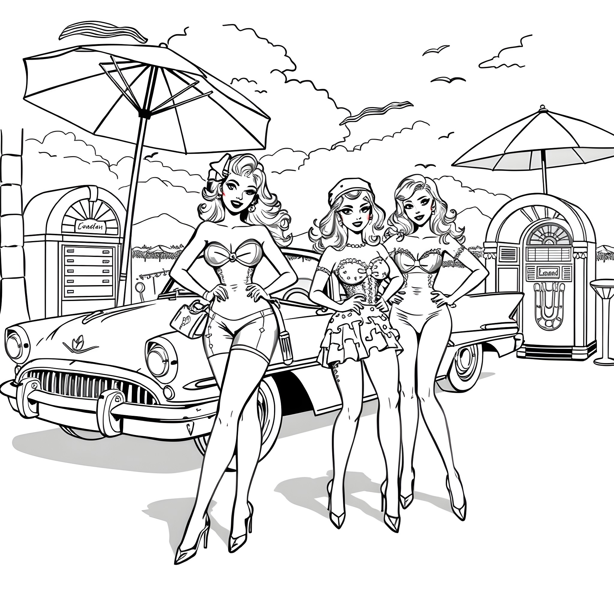 Pinup Girls Posing with Classic Cars at Retro Diner Coloring Page (free black-and-white line drawing printable PDF for all, from beginners to advanced learners, including children, teens, adults, and seniors)